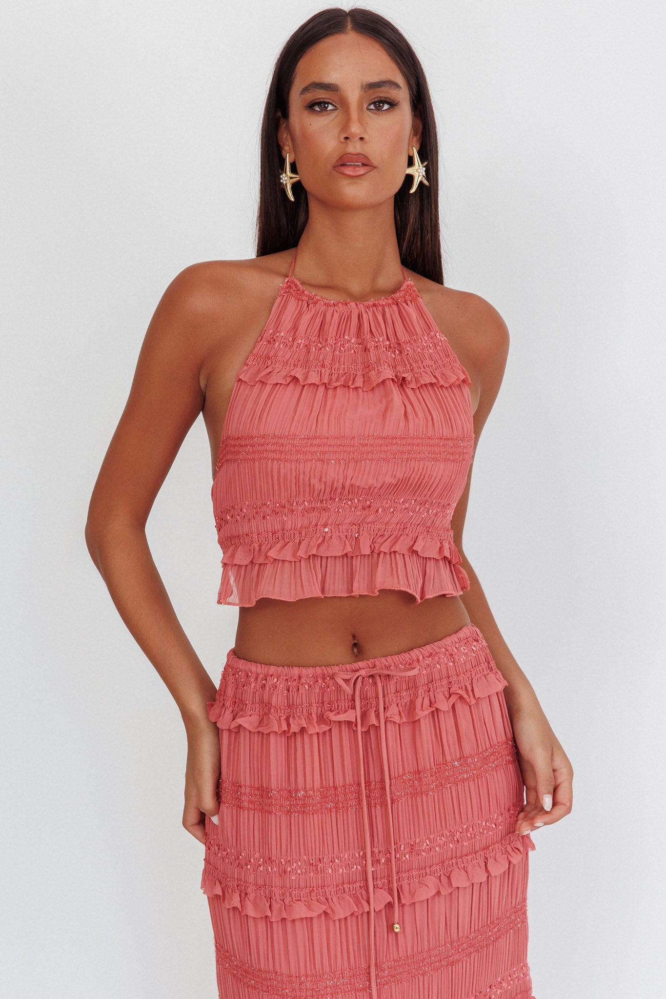Helios Halterneck Shirred Sequin Top Rose– Selfie Leslie