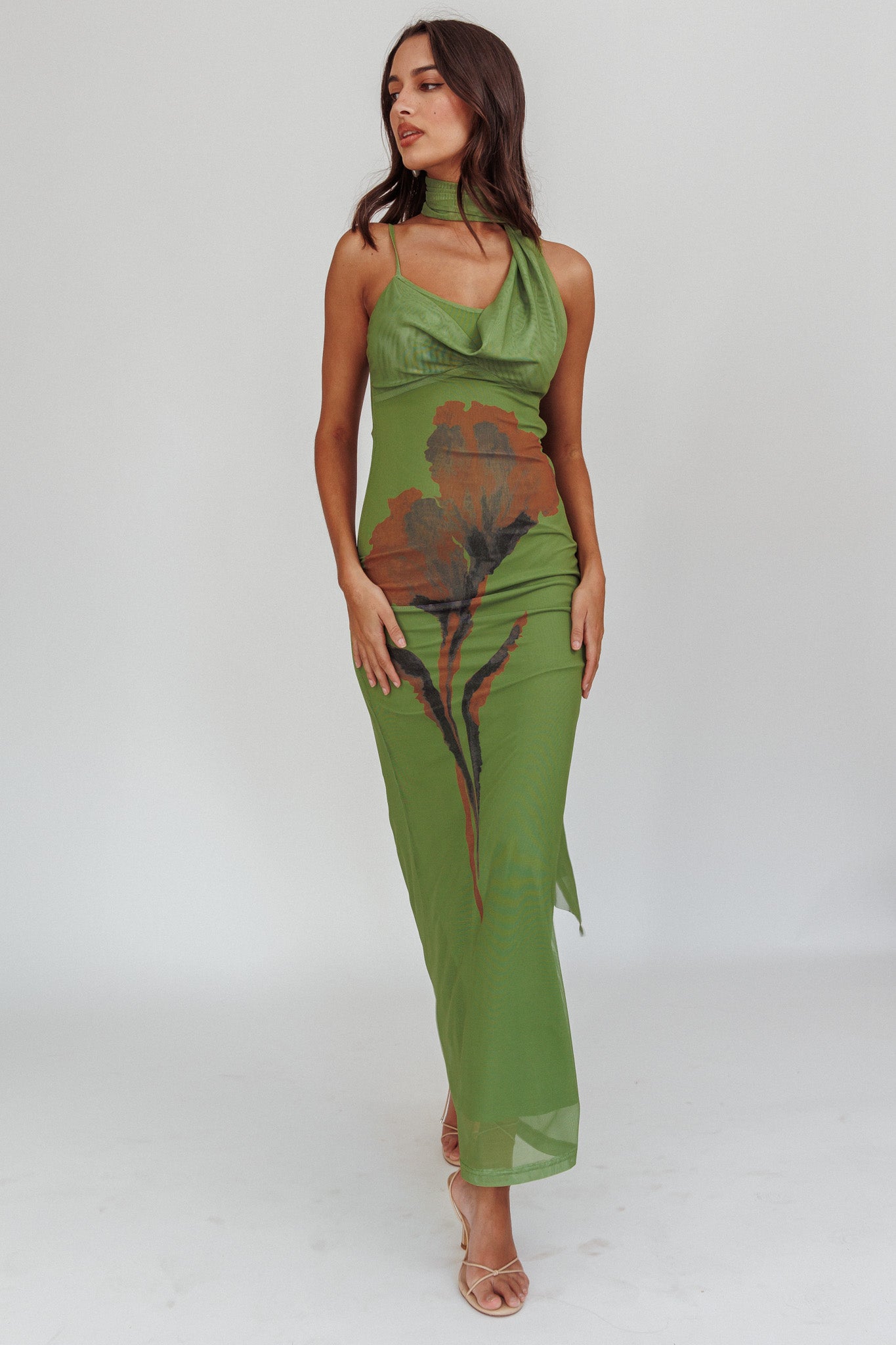 No Surprises Scarfed Floral Maxi Dress Green - S No Surprises Scarfed Floral Maxi Dress Green - S