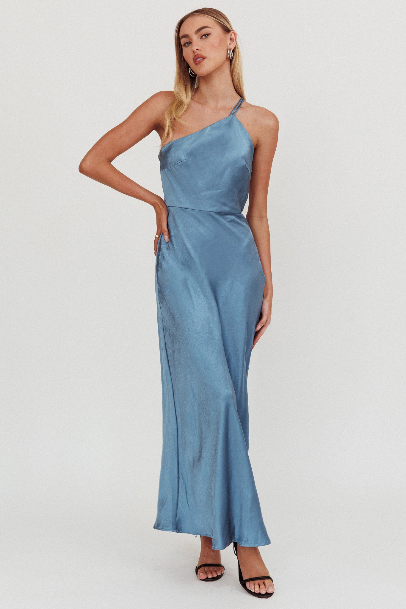 Aubrianna One-Shoulder Strappy Back Dress Midnight Blue– Selfie Leslie