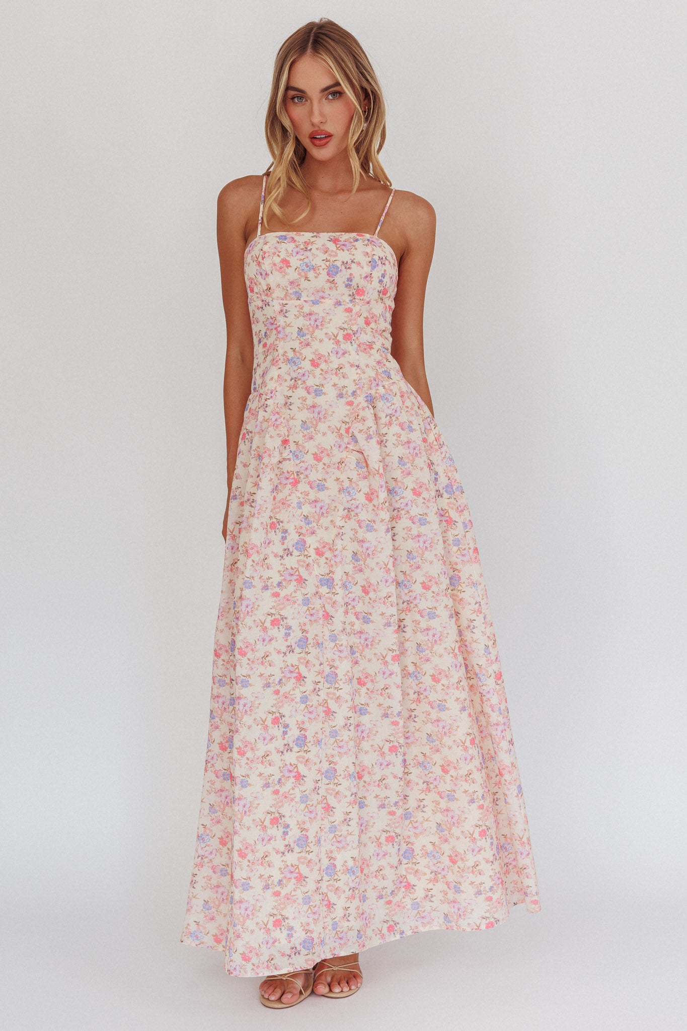 Daisy Day Basque Waist Maxi Dress Floral Blue– Selfie Leslie