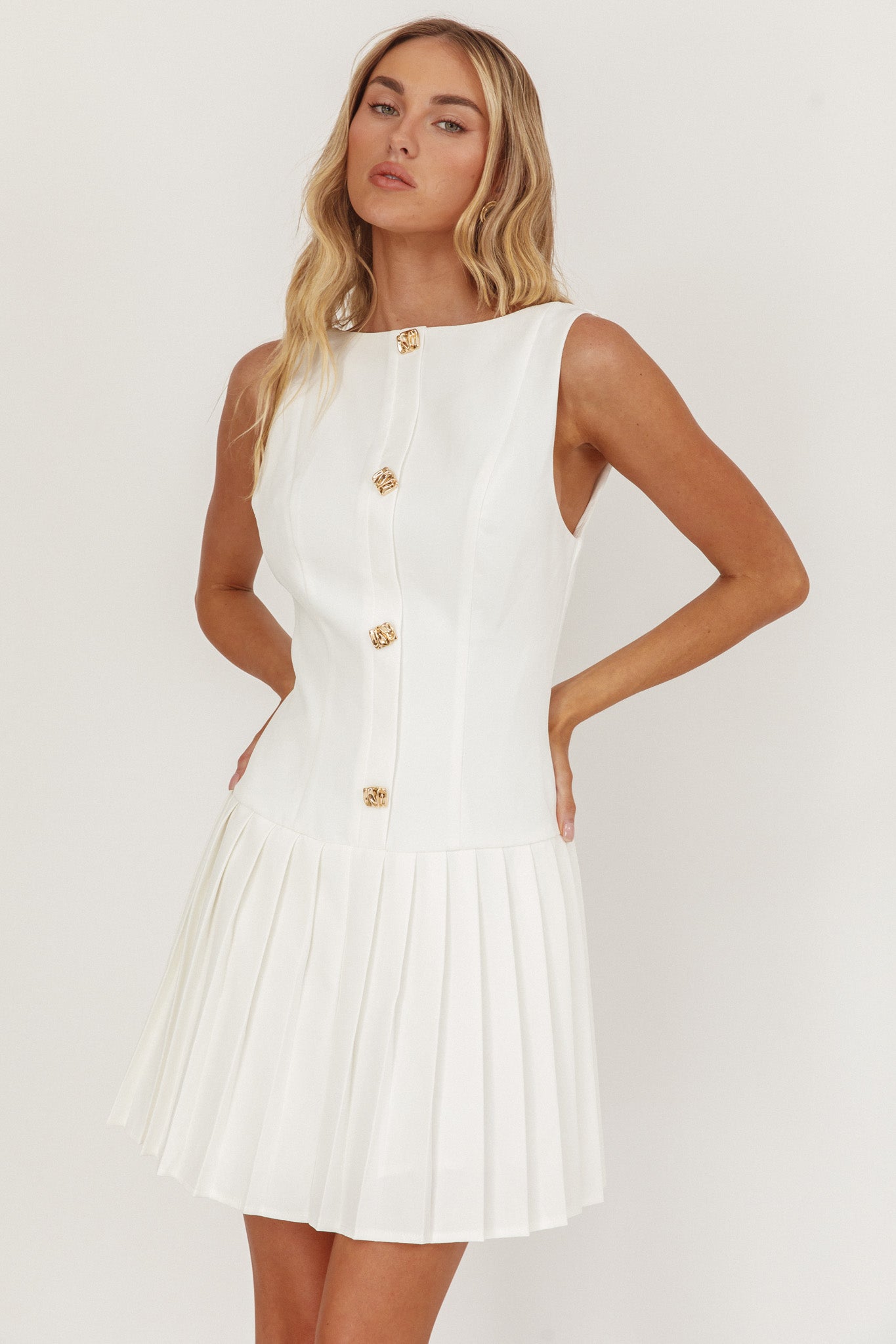 Opulent Pleat Skirt Button Mini Dress White Opulent Pleat Skirt Button Mini Dress White