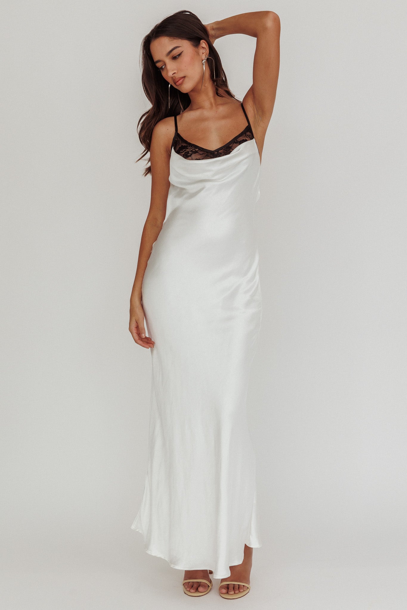 Gentle Touch Cowl Neck Satin Maxi Dress White Selfie Leslie Gentle Touch Cowl Neck Satin Maxi Dress White Selfie Leslie