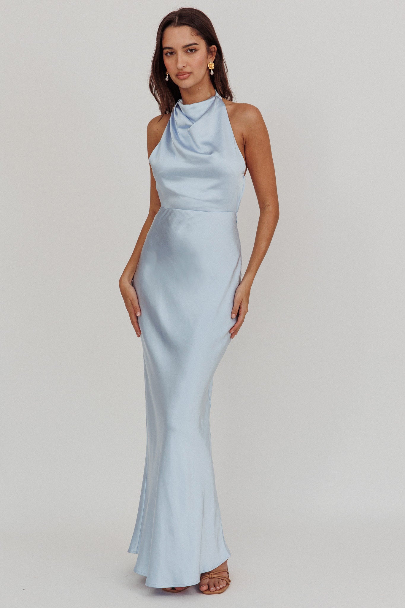 chinese dress ladies Gelato Pearl Strap Halter Maxi Dress Blue