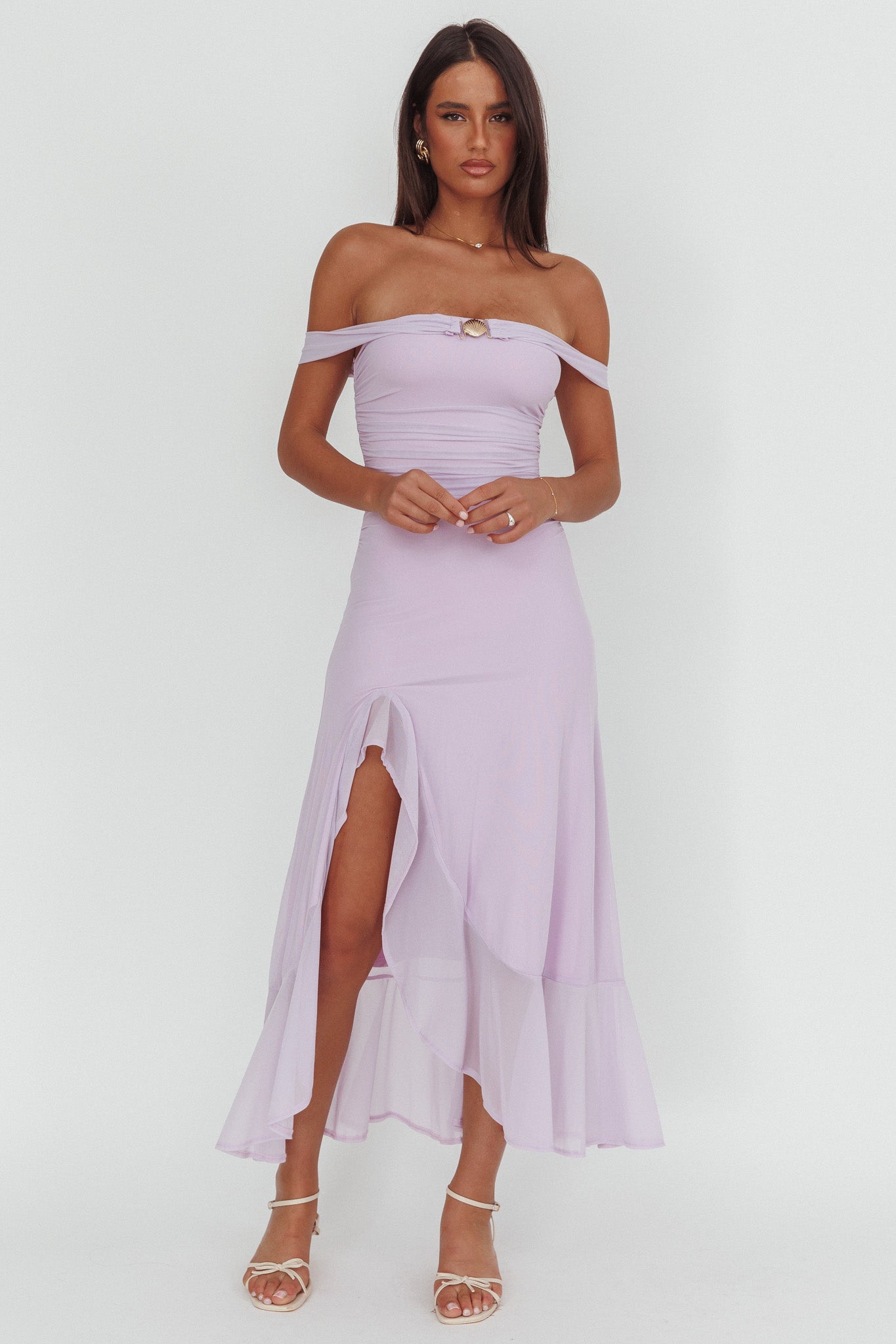 light purple off the shoulder dress Moonlit Magic Off-Shoulder Split Maxi Lilac Aullie Maxi Dress - Size_  2T The soft lavender color Color:DARK GREEN