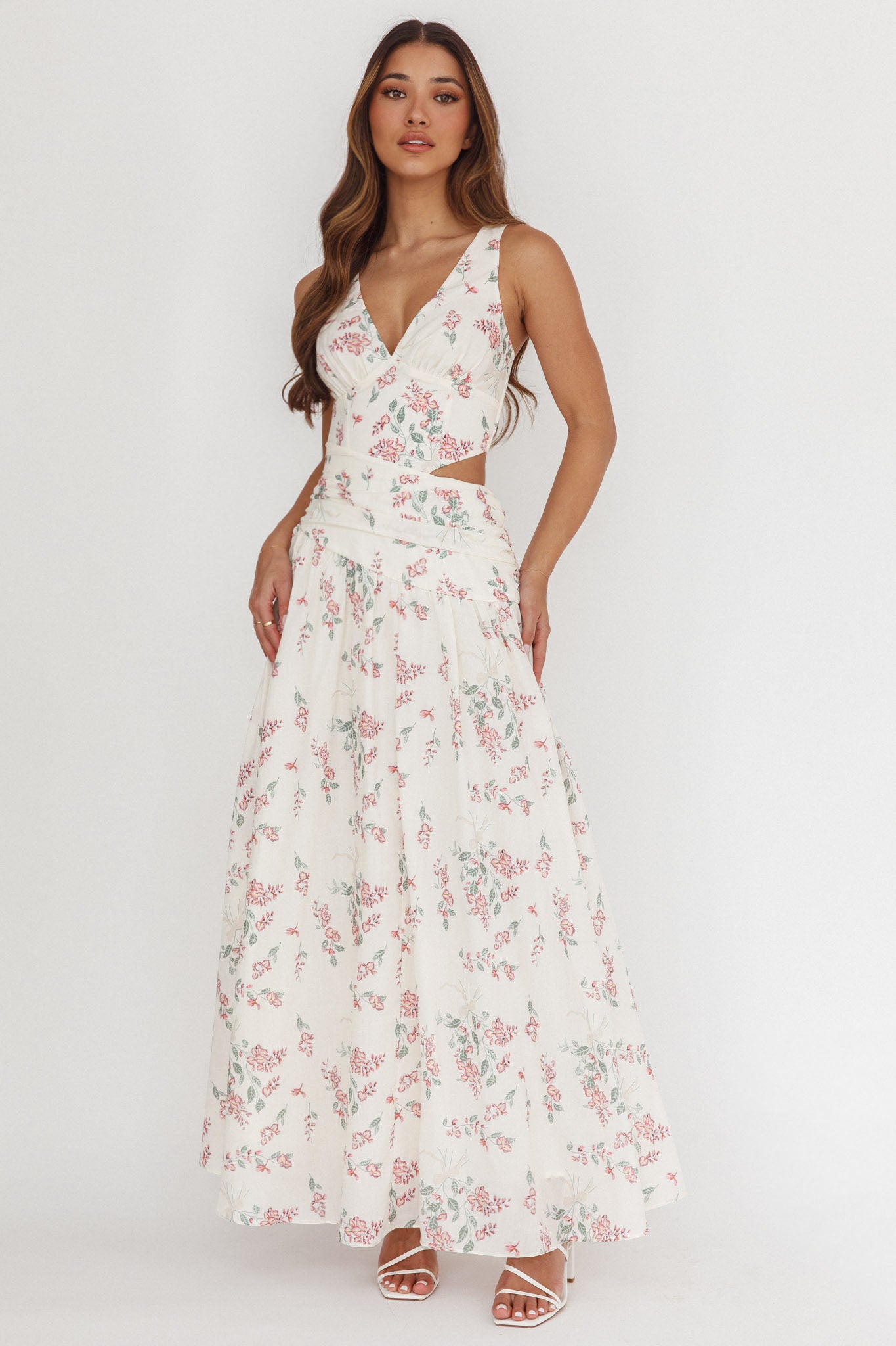 fitted lace wedding dress First Dates Waist Cut-Out Maxi Dress Floral Cream/Pink