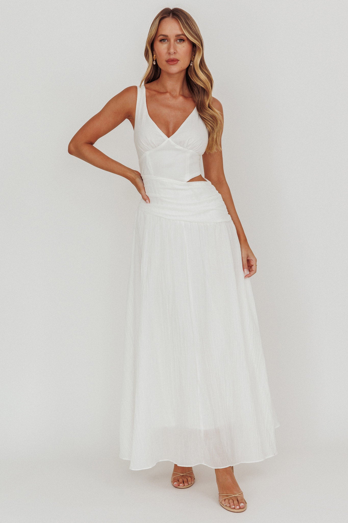 knee length dresses for ladies First Dates Waist Cut-Out Maxi Dress White– Selfie Leslie