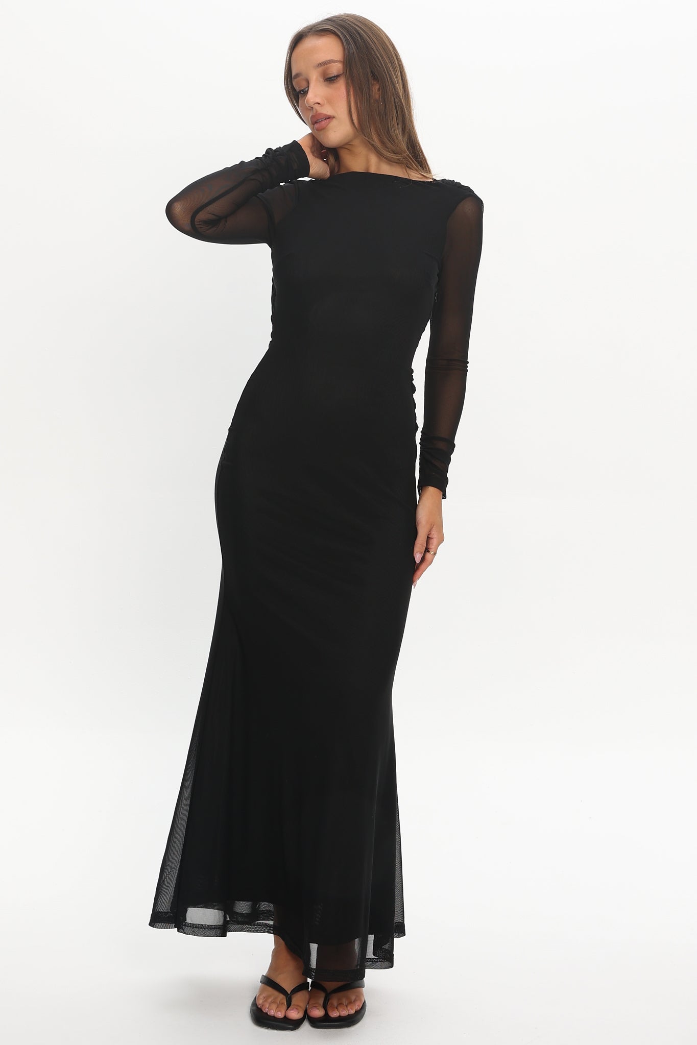 Lustre Open Back Mesh Maxi Dress Black Lustre Open Back Mesh Maxi Dress Black