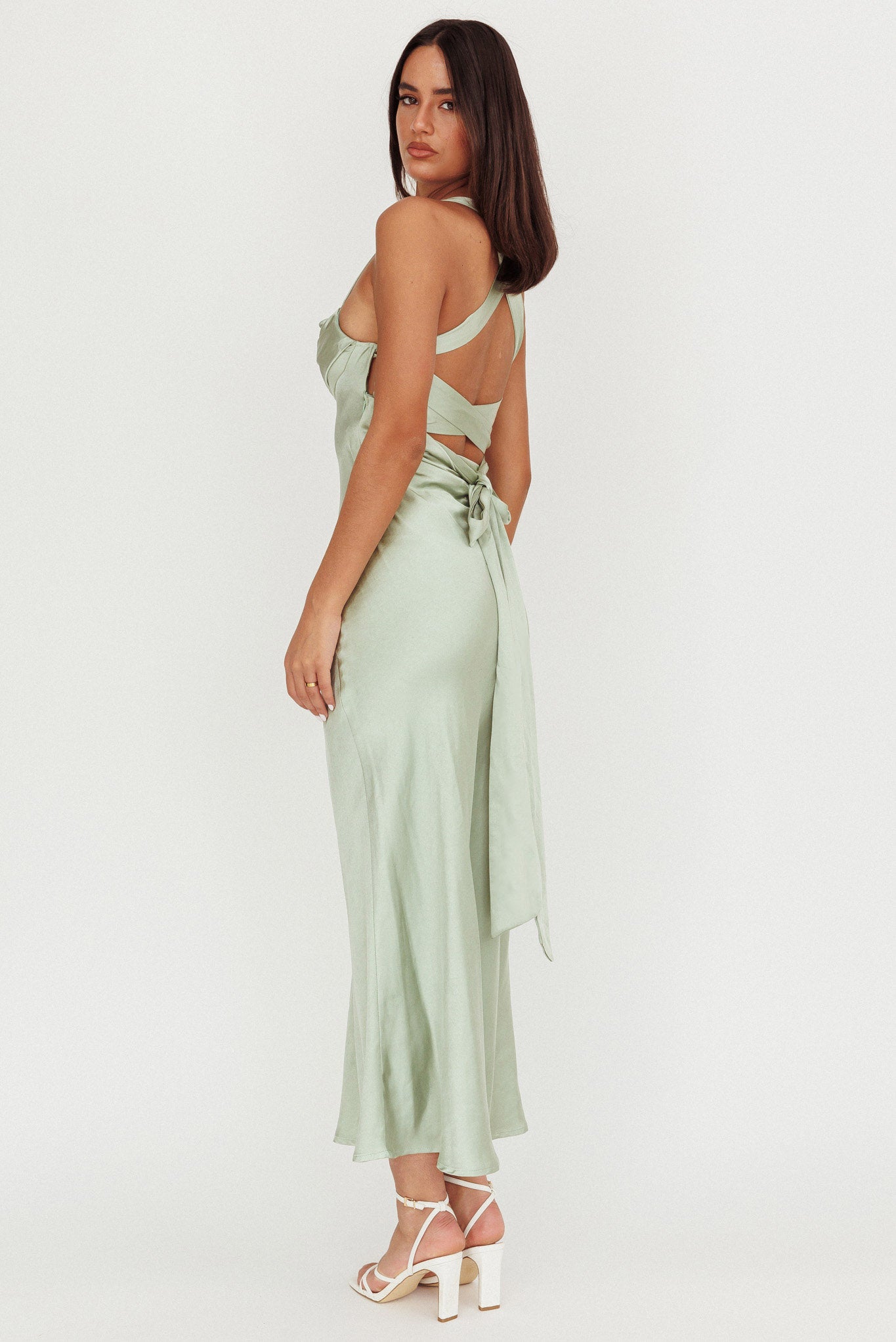 Favorite Part Crossover Back Satin Maxi Dress Sage Selfie Leslie