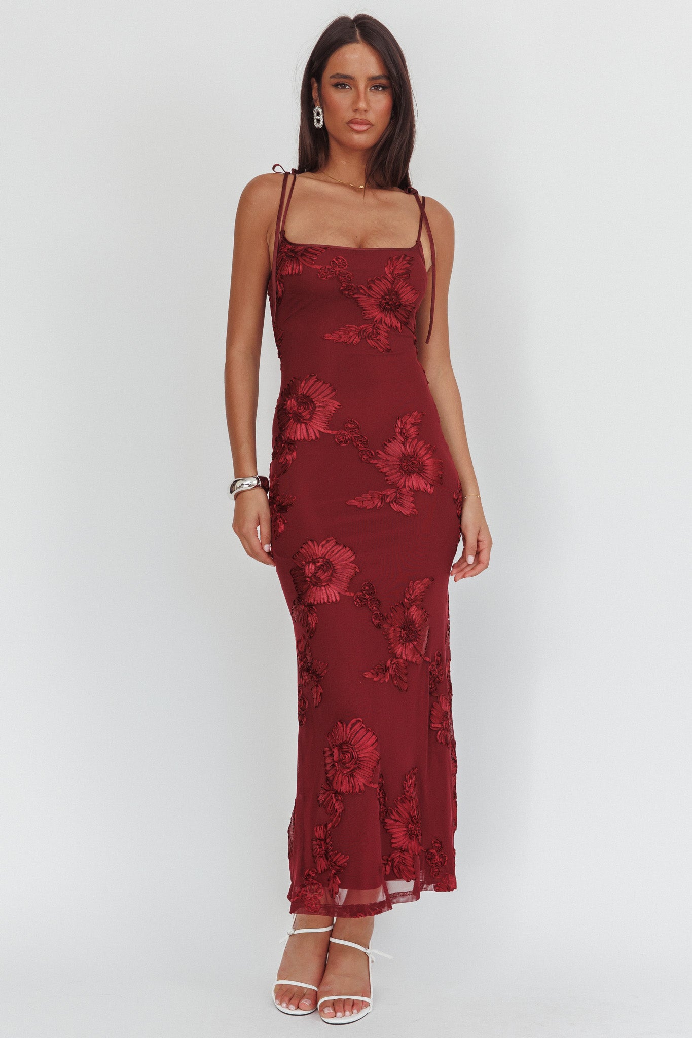 Kaela Tied Shoulder Maxi Dress Embellished Wine Kaela Tied Shoulder Maxi Dress Embellished Wine
