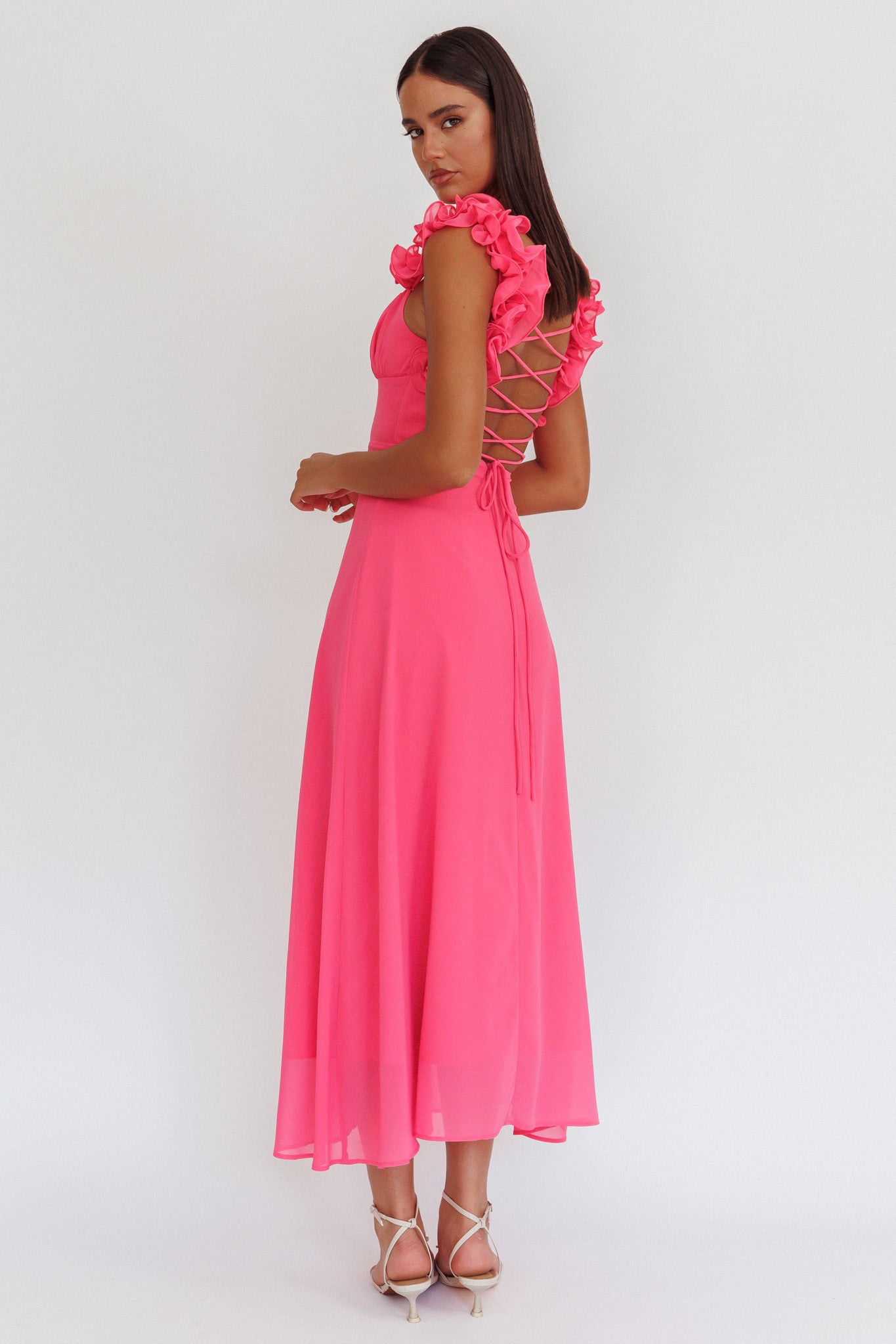 Eloquent Lace-Up Back Maxi Dress Hot Pink Selfie Leslie