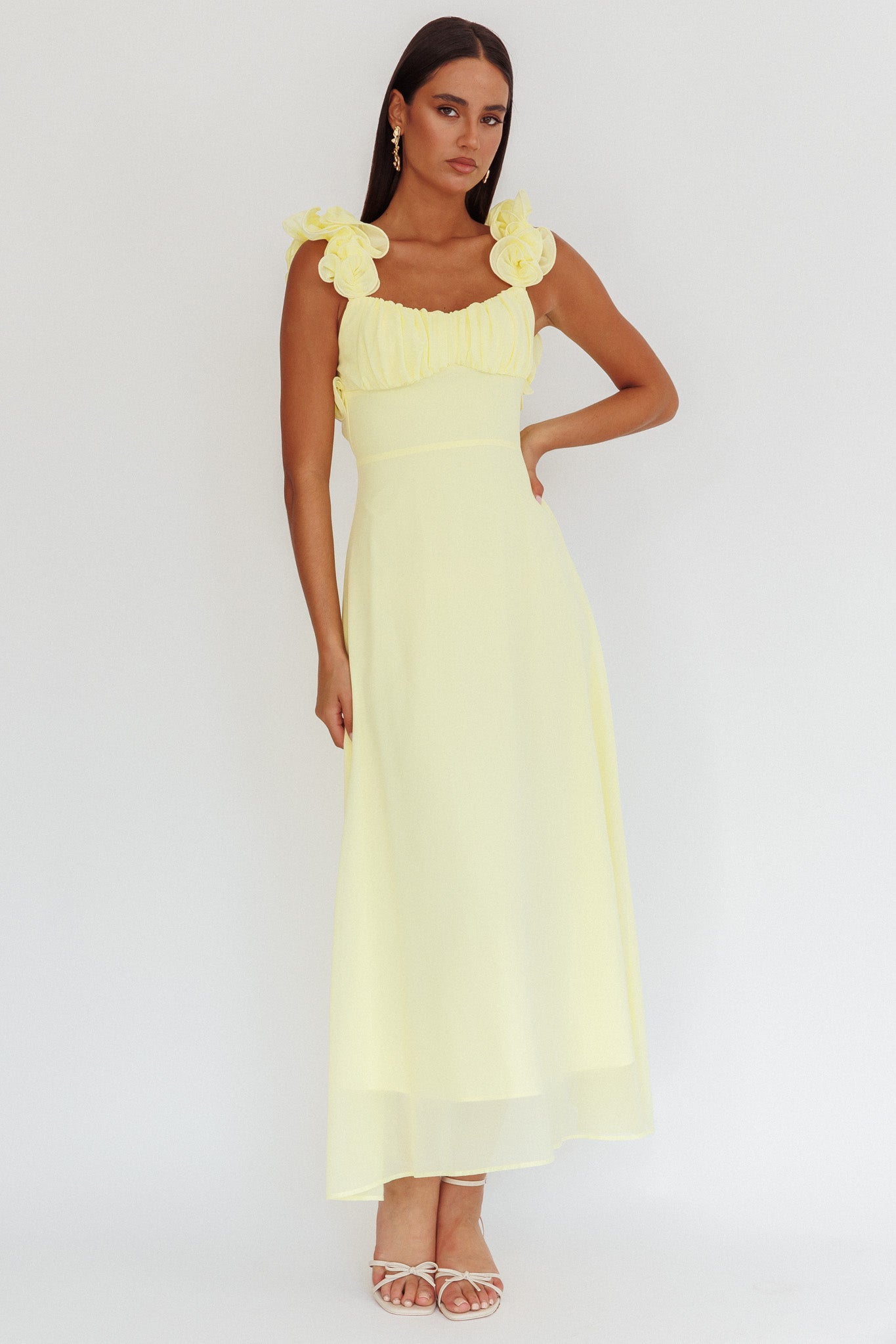 ameri TABLE CROSS LACE UP DRESS イエロー　M Eloquent Lace-Up Back Maxi Dress Yellow– Selfie Leslie