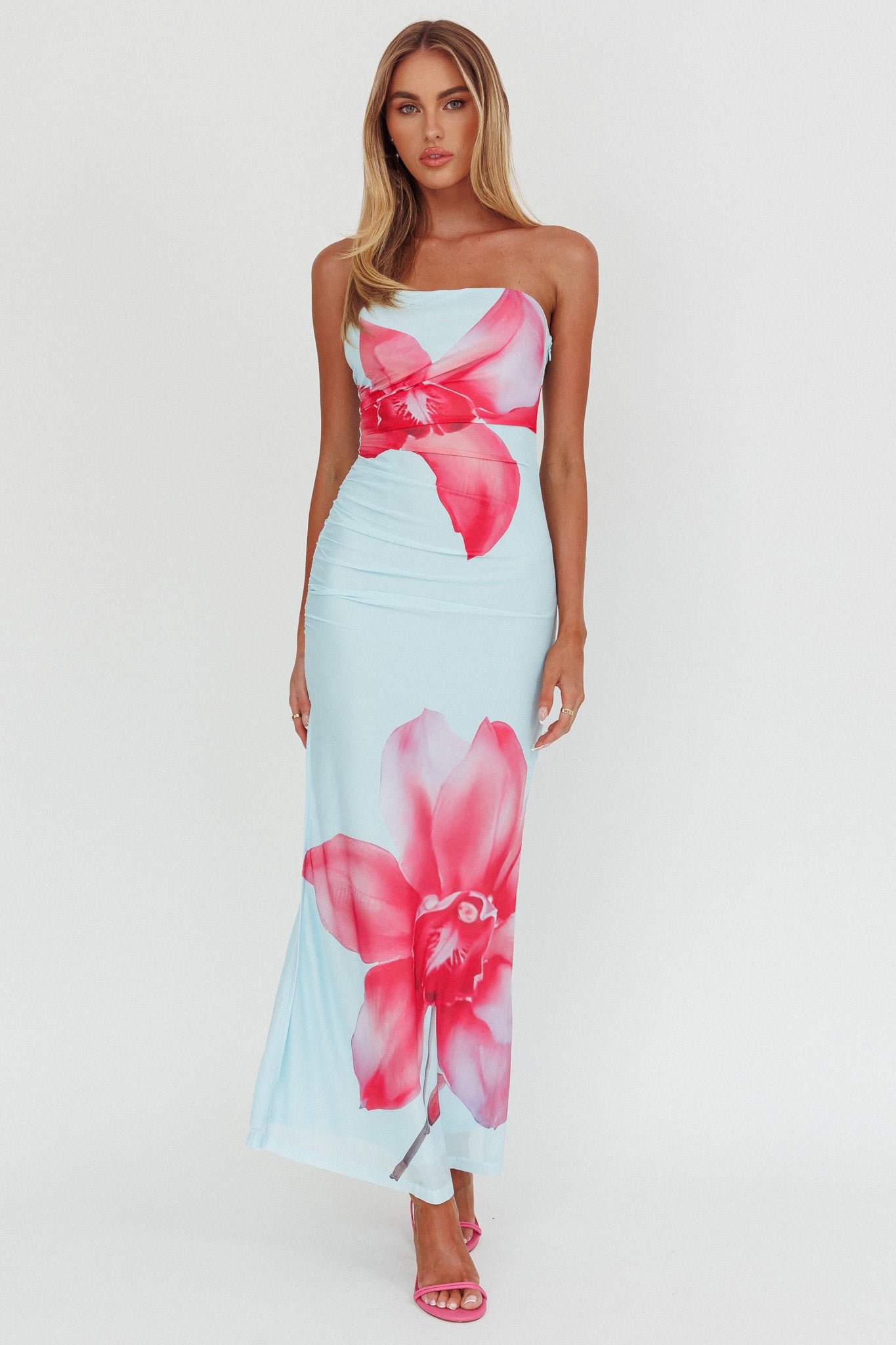 natalia blue floral printed strapless maxi dress Truth Be Told Strapless Maxi Dress Blue