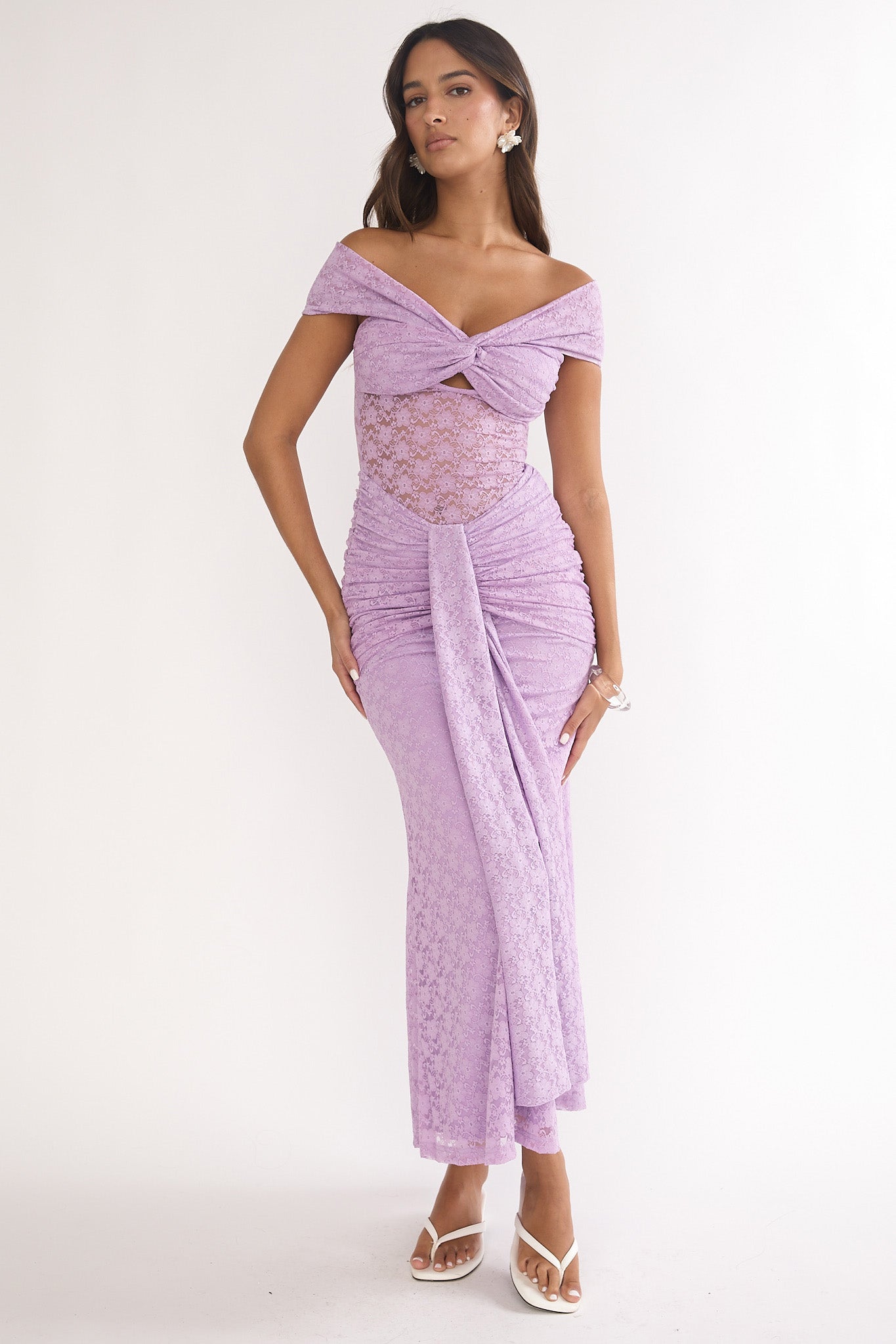 Kamilah Ruched Lace Maxi Dress Lilac - M