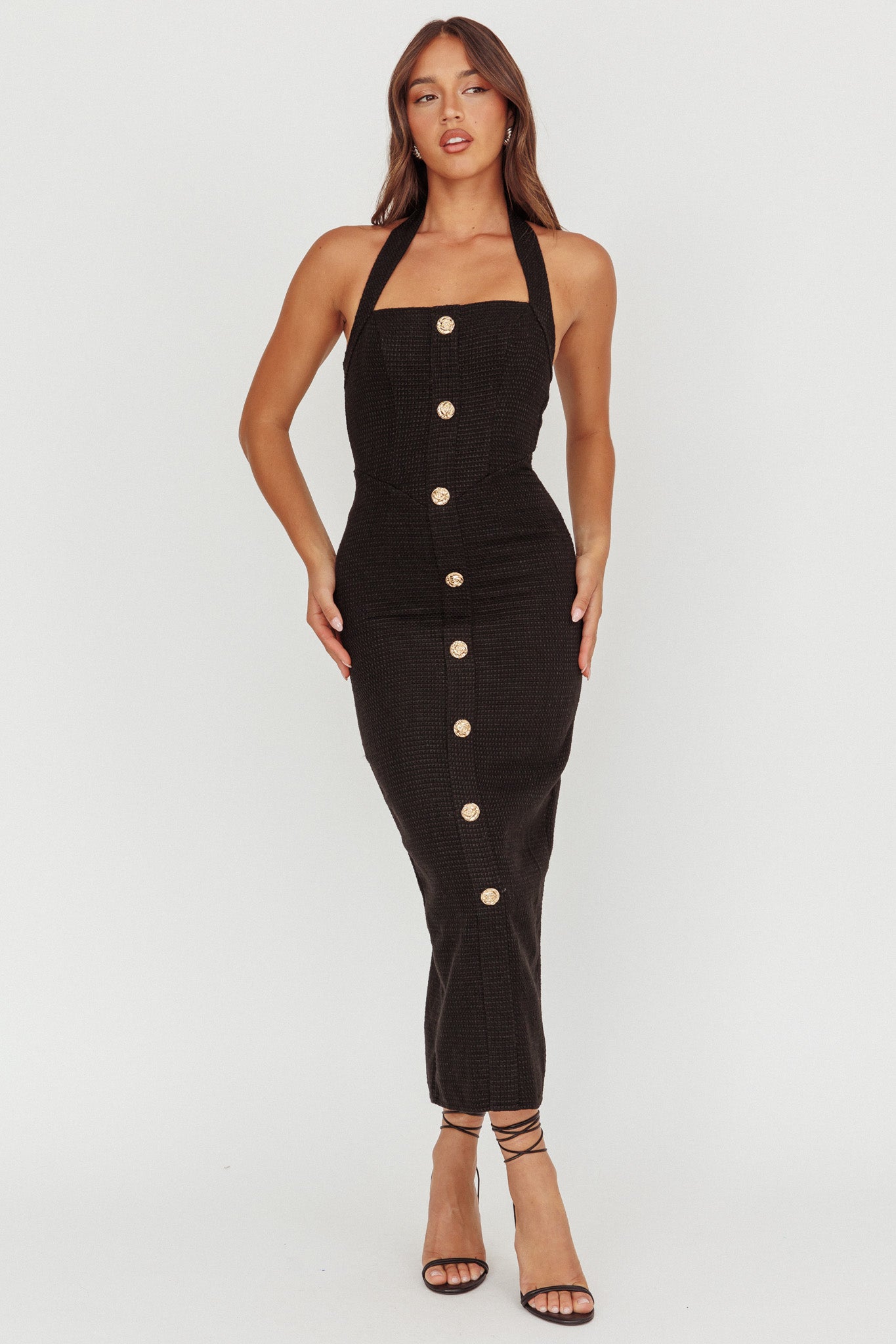 She Is Button Front Halter Midi Dress Tweed Black - L She Is Button Front Halter Midi Dress Tweed Black - L