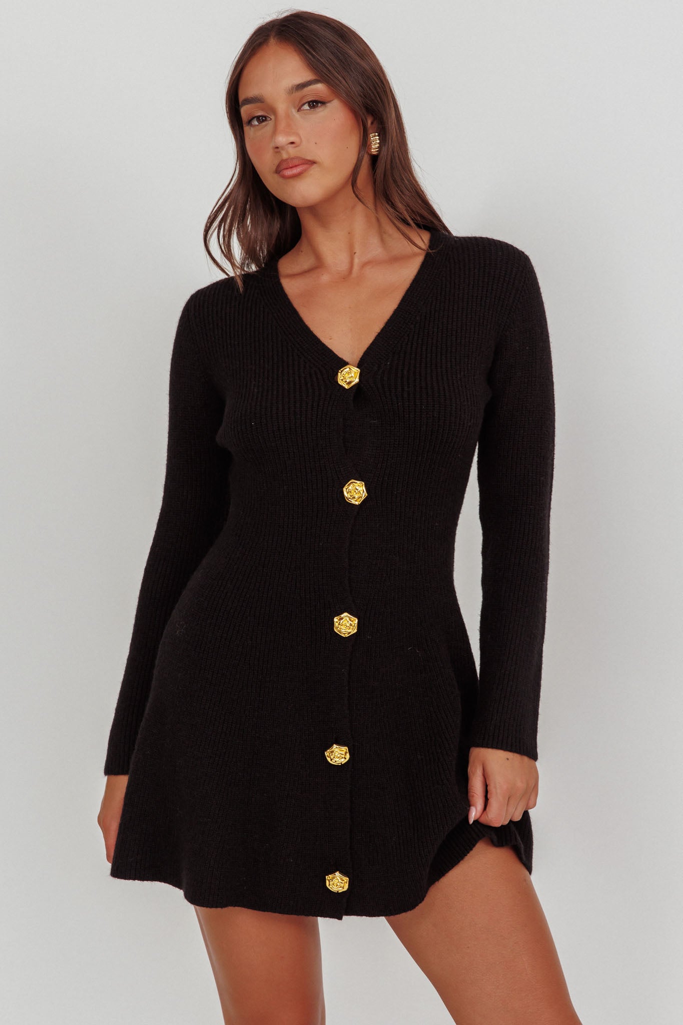 green emerald velvet dress Irma Gold Button Knit Mini Dress Black