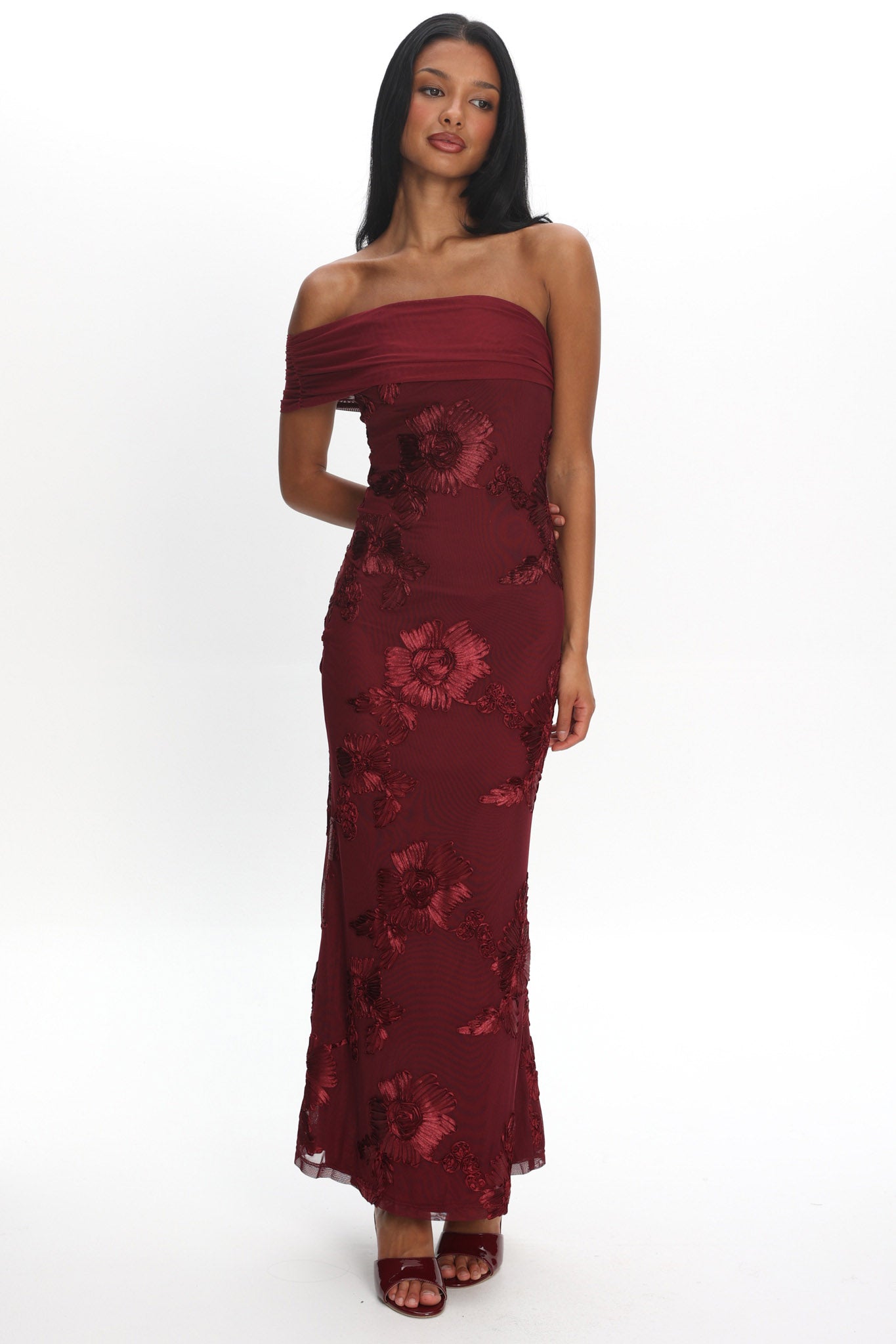 Gala One-Shoulder Maxi Dress Embellished Wine S