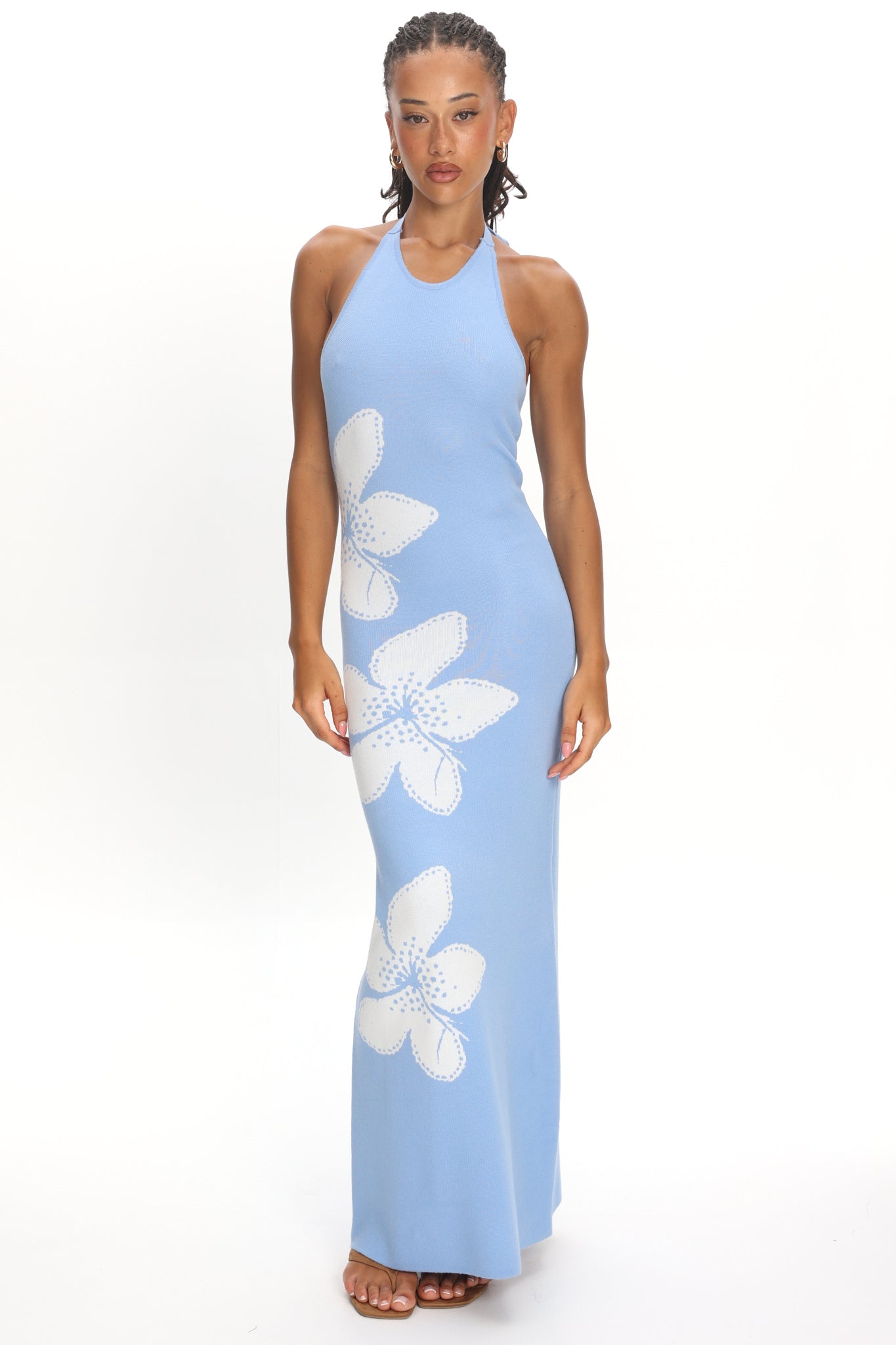 blue knit halterneck dress Halterneck Trim Detail Mini Dress In Blue Crochet Knit | EGO US