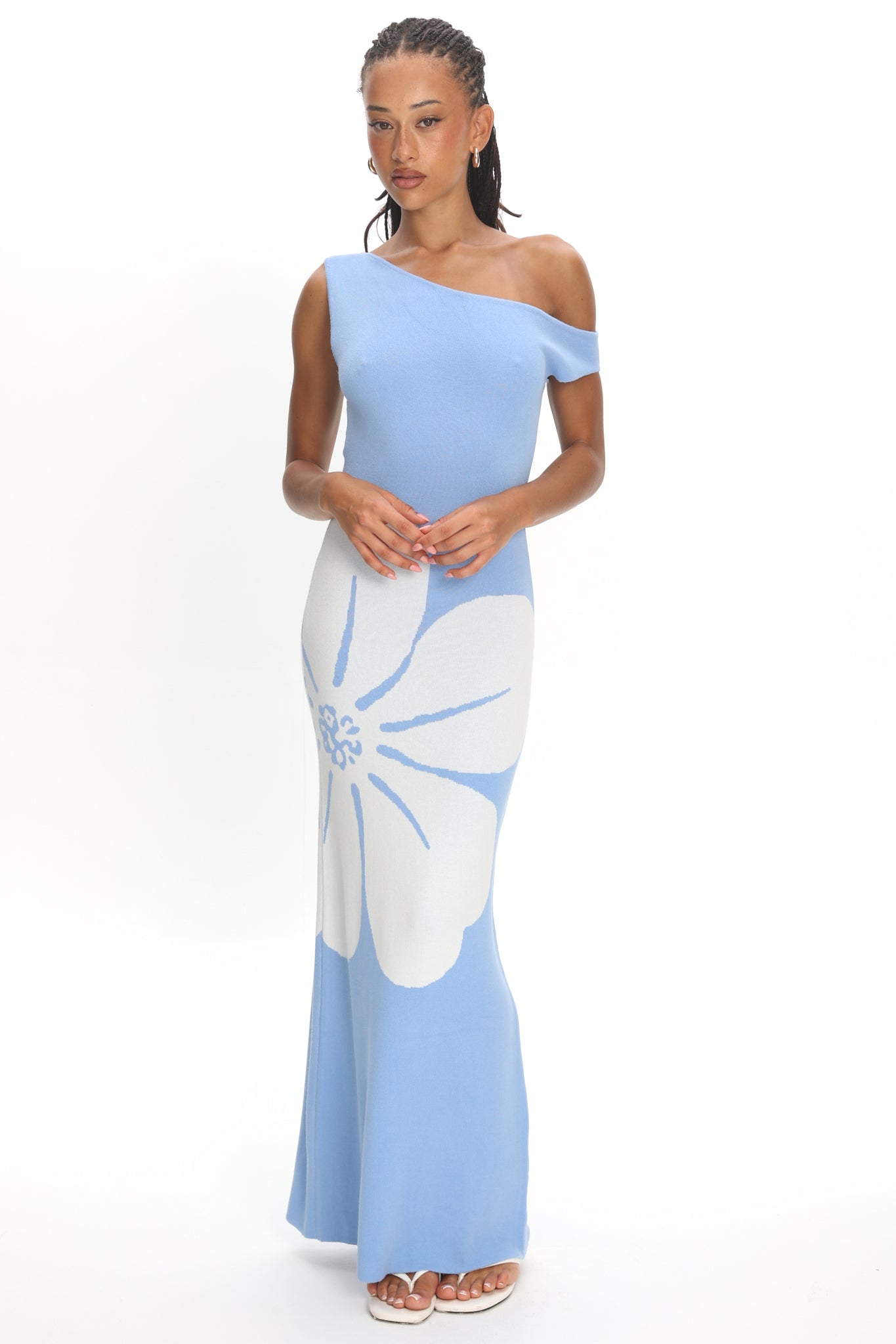 Wildflower Sun Asymmetric Neckline Knit Dress Flower Blue | Selfie