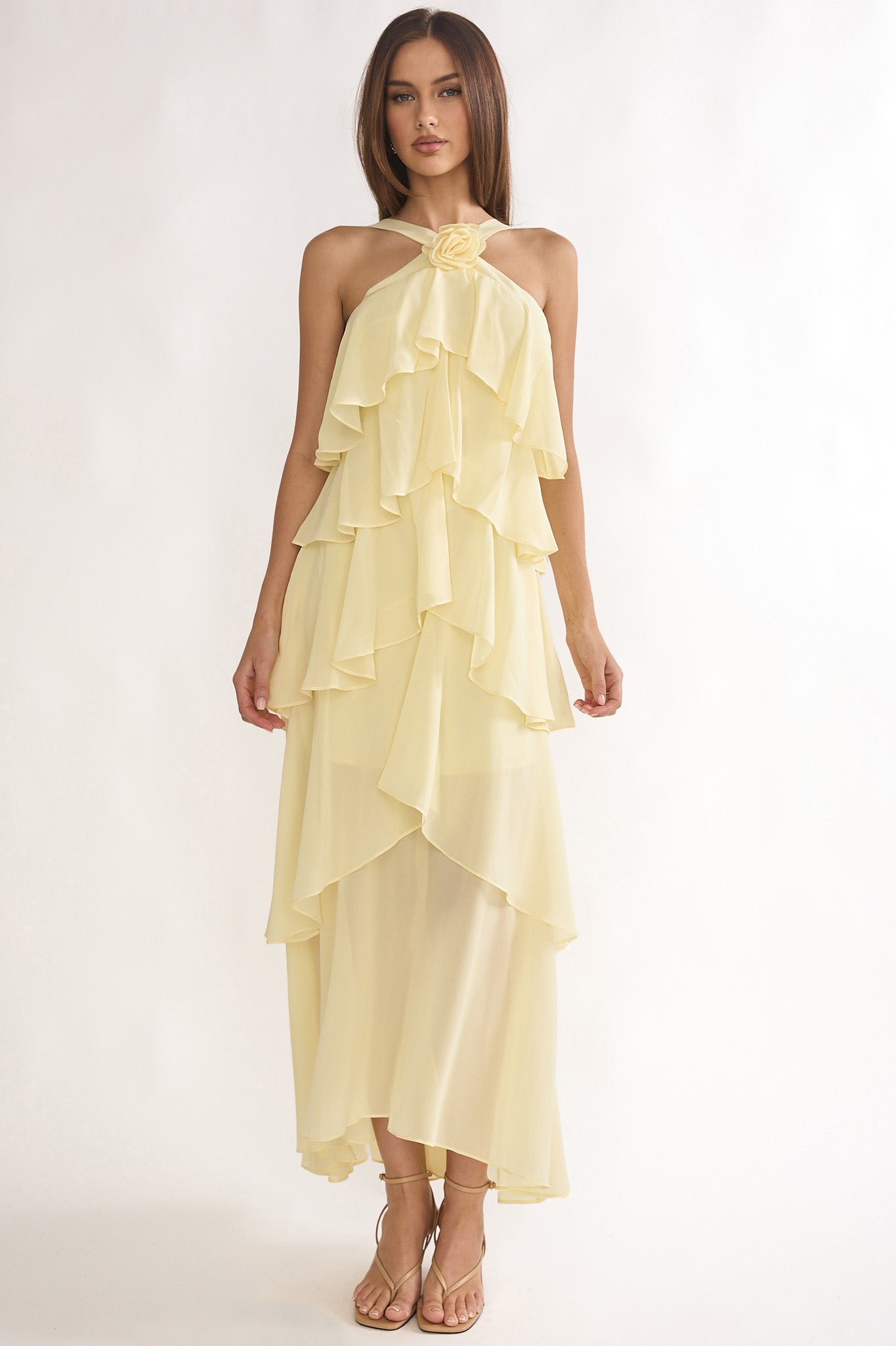 Darylyn Tiered Ruffle Rosette Maxi Dress Yellow - L Darylyn Tiered Ruffle Rosette Maxi Dress Yellow - L