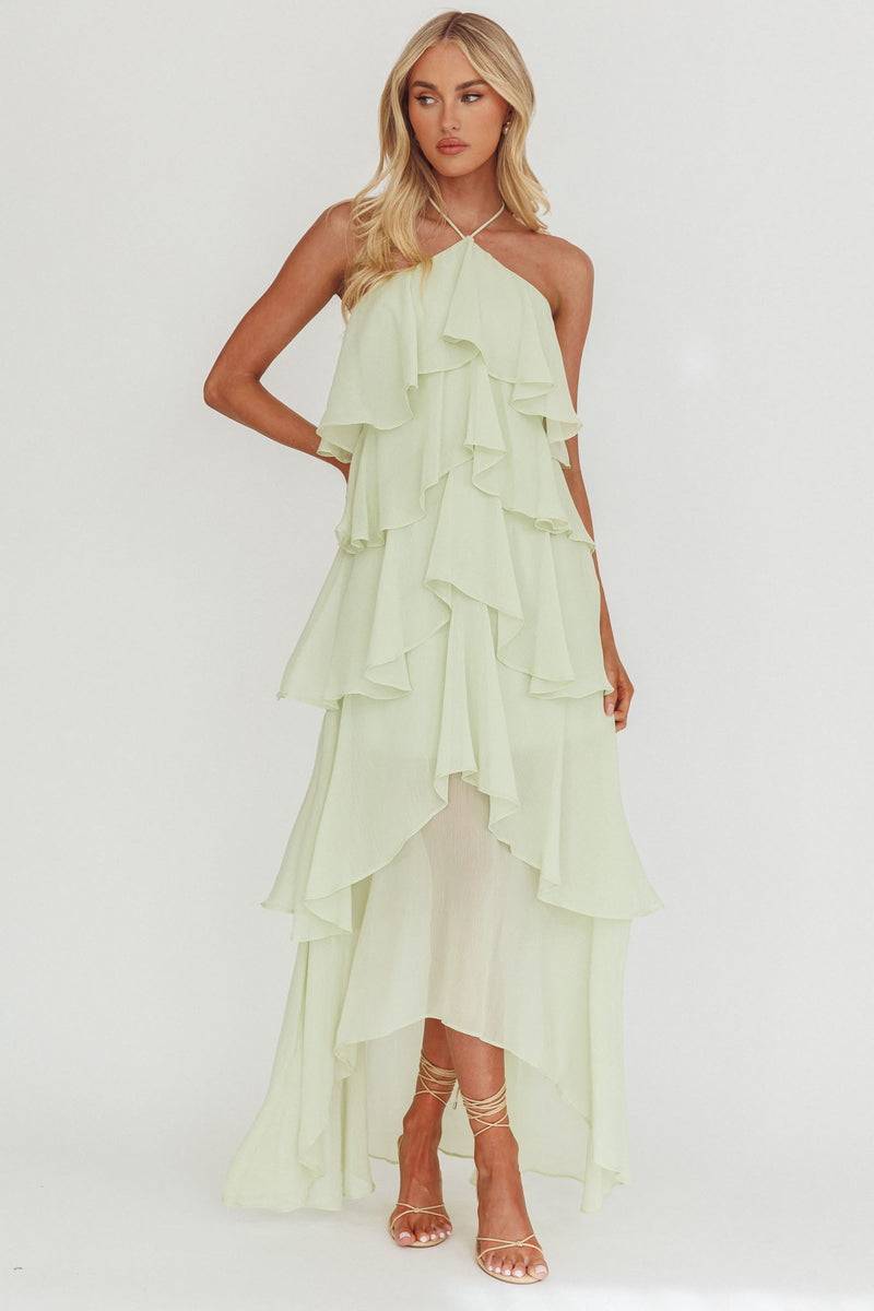 Jayda One Shoulder Ruffle Trim Maxi Dress Sage