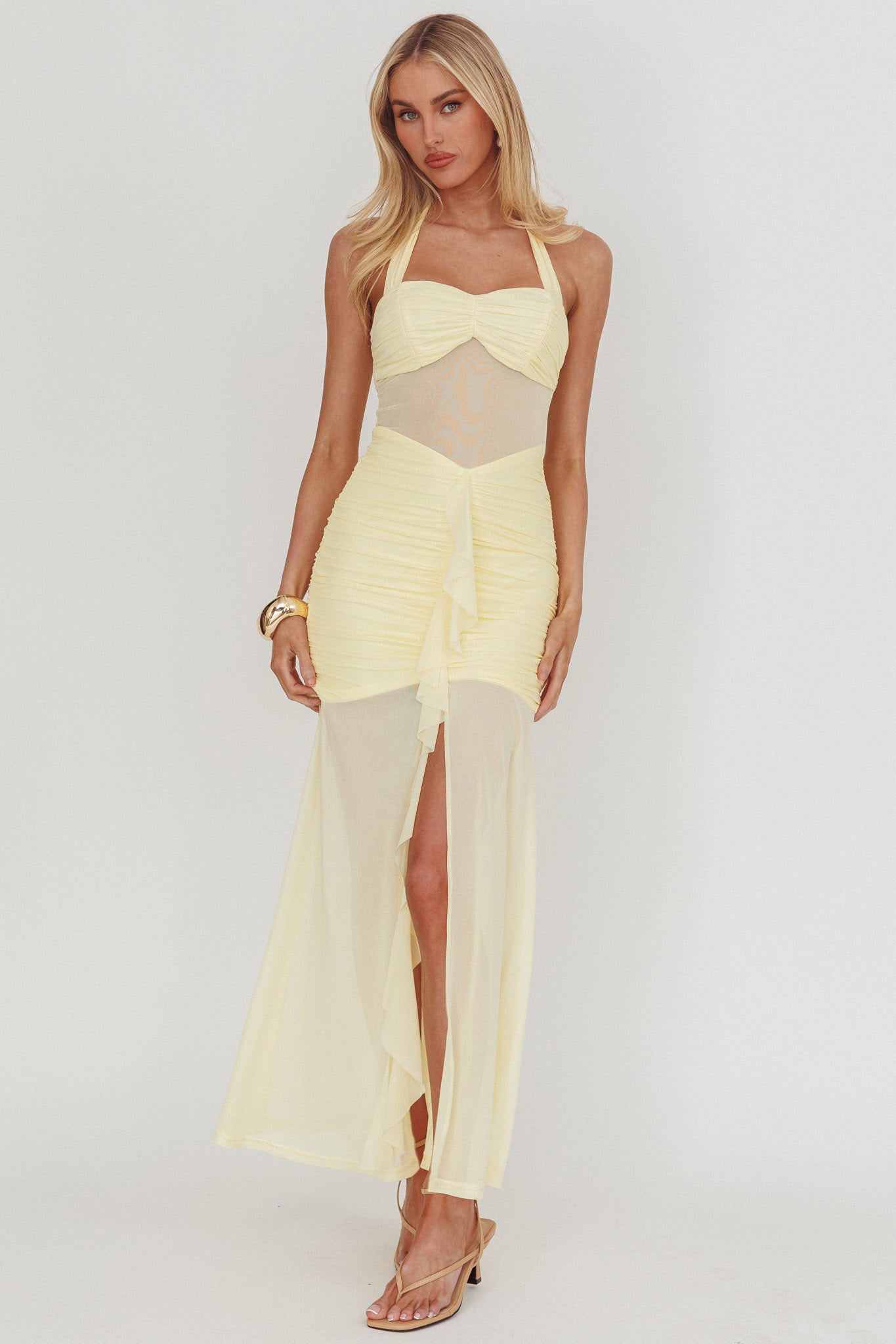 yellow see through dress Rayah Sheer Insert Ruched Maxi Dress Yellow