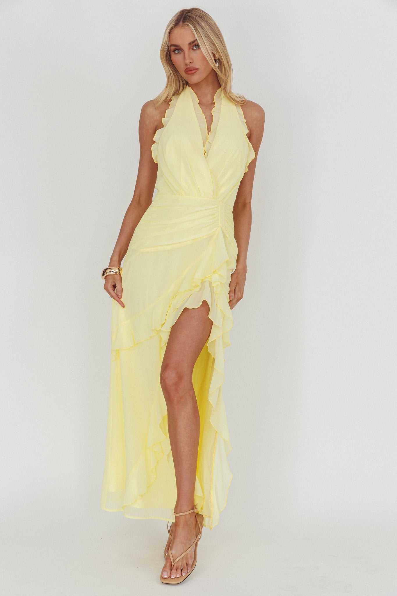 selfie leslie yellow maxi dress Enticing Halterneck Frill Maxi Dress Yellow