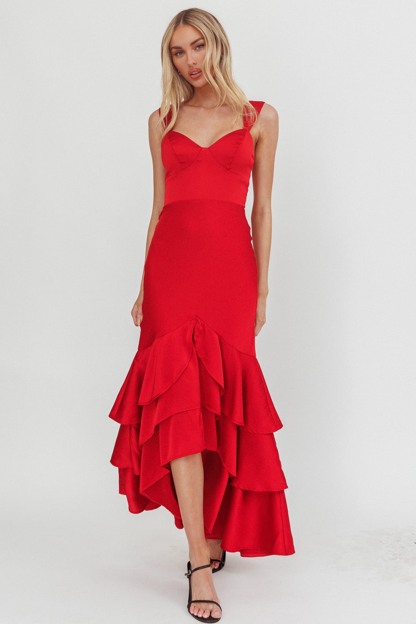 fitted lace wedding dress Baylin Layered Mermaid Hem Maxi Dress Red
