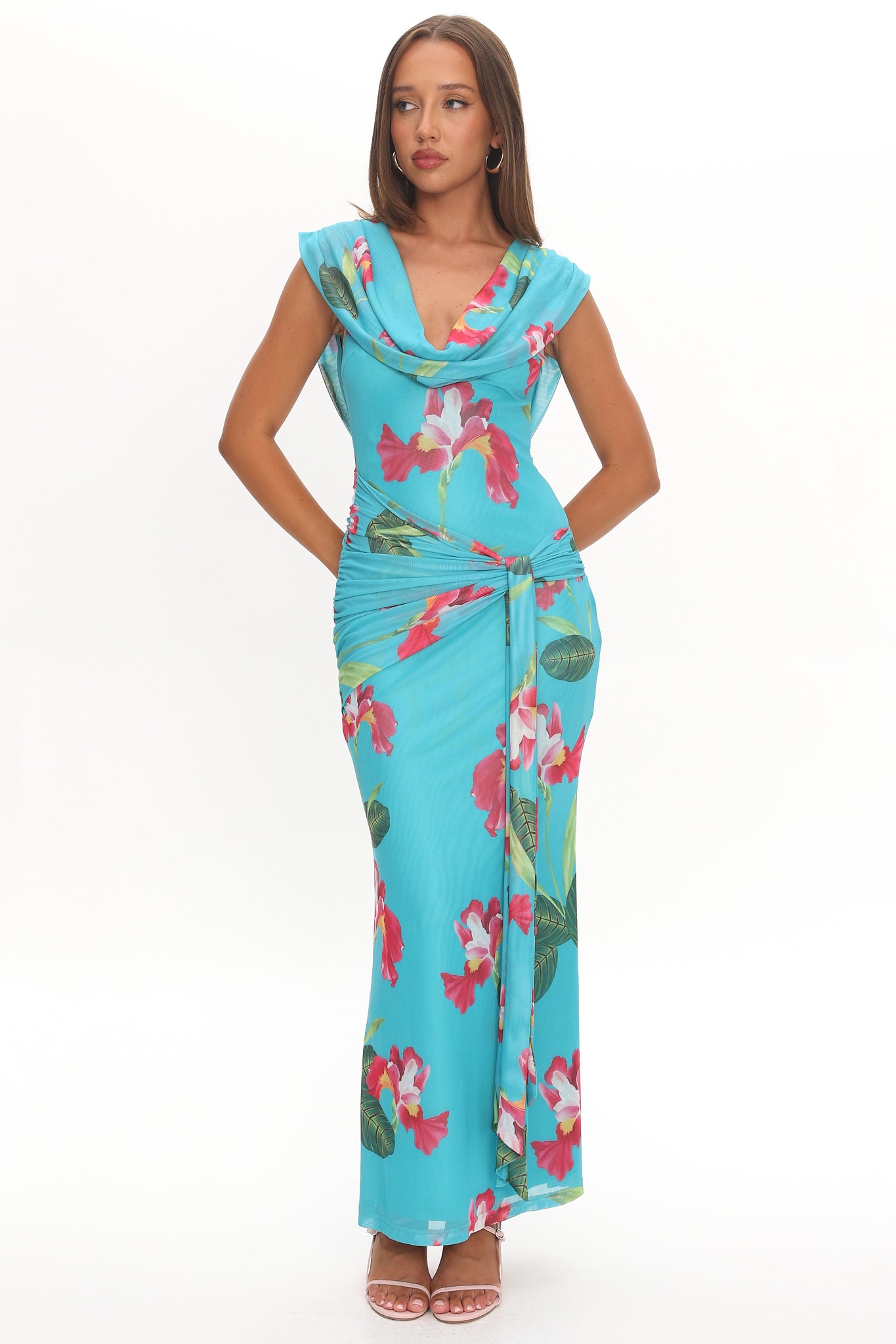 draped shoulder maxi dress Virgo Season Draped Shoulder Maxi Dress Floral