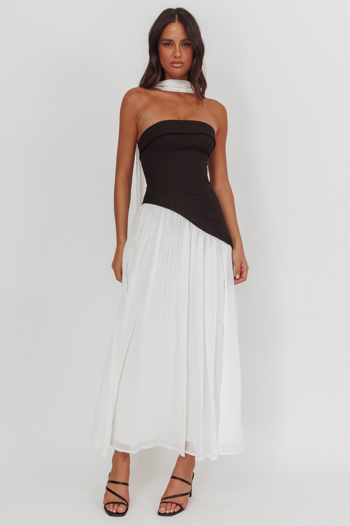 navy blue dress for baby girl Kiri Black & White One-Shoulder Bow Maxi Dress – Club L London
