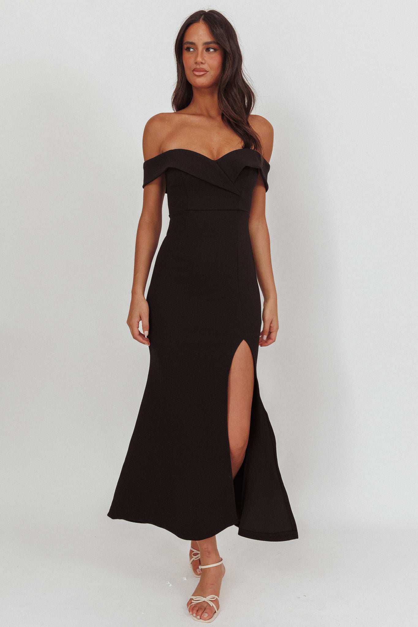 Rider Off-Shoulder Front Split Maxi Dress Black– Selfie Leslie