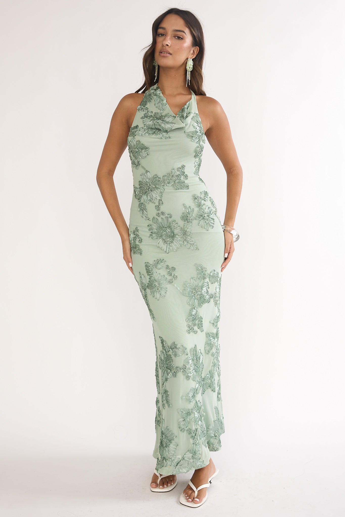 green emerald velvet dress Chiffon asymmetric maxi dress with draping green 074DX008 – RASARIO main image 1