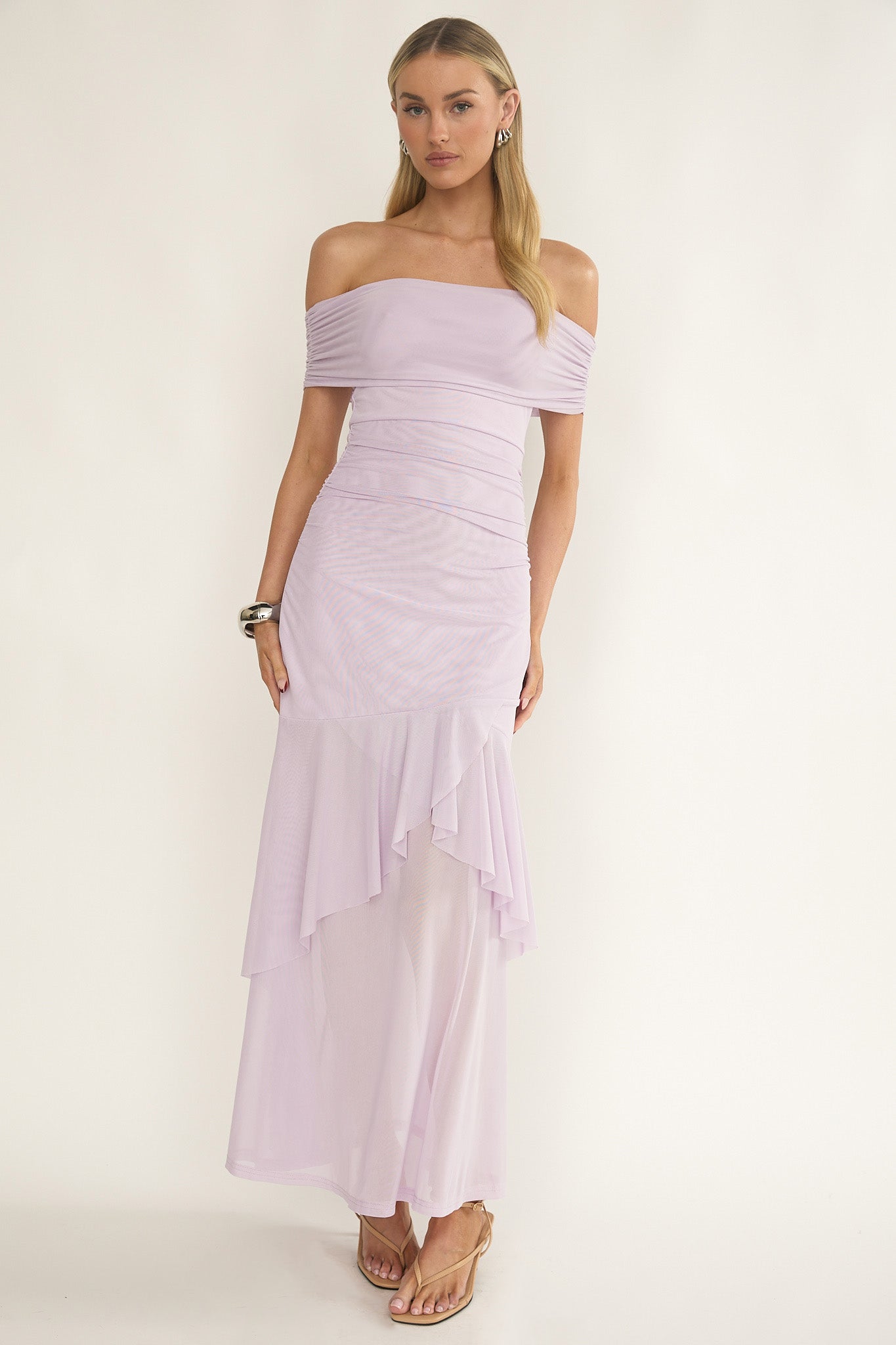 Kiarna Off-Shoulder Mesh Maxi Dress Lilac | Selfie Leslie