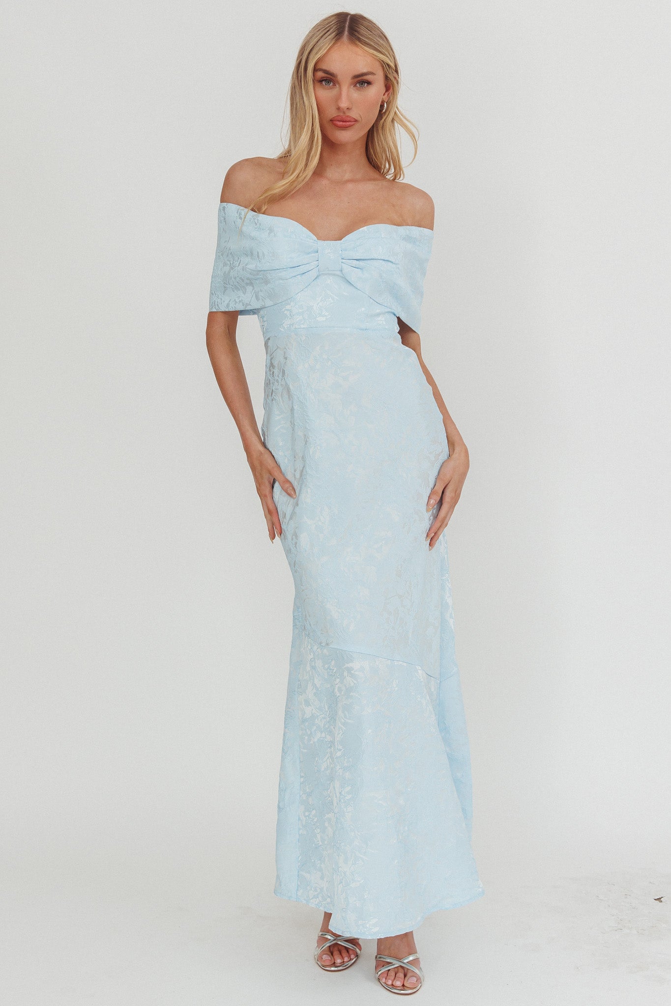 teal off the shoulder maxi dress Fairytales Off-Shoulder Jacquard Maxi Dress Blue
