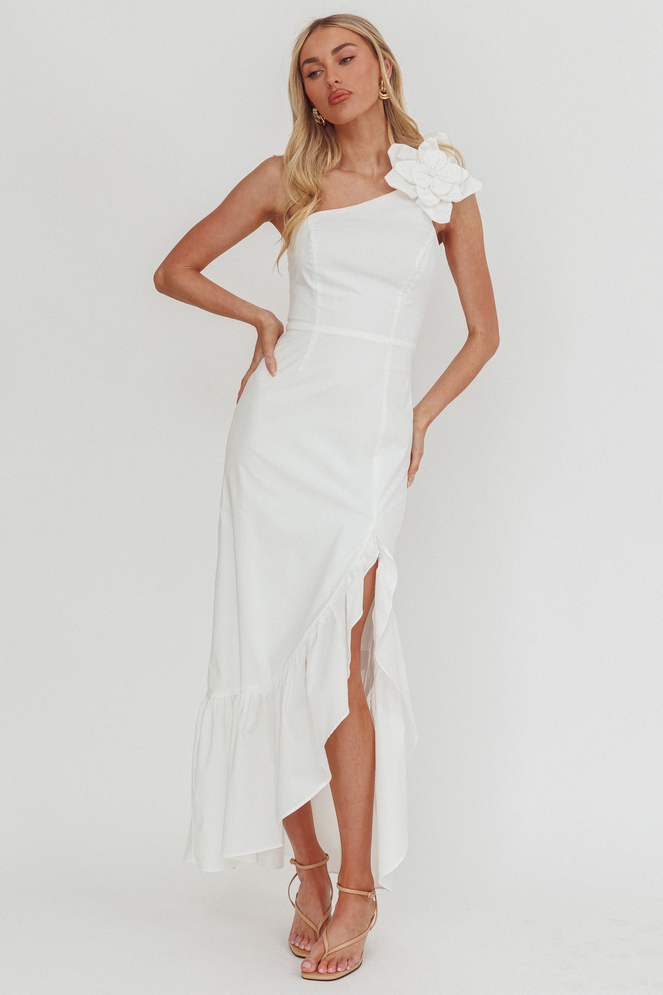 Dena One-Shoulder Frill Hem Maxi Dress White - L Dena One-Shoulder Frill Hem Maxi Dress White - L