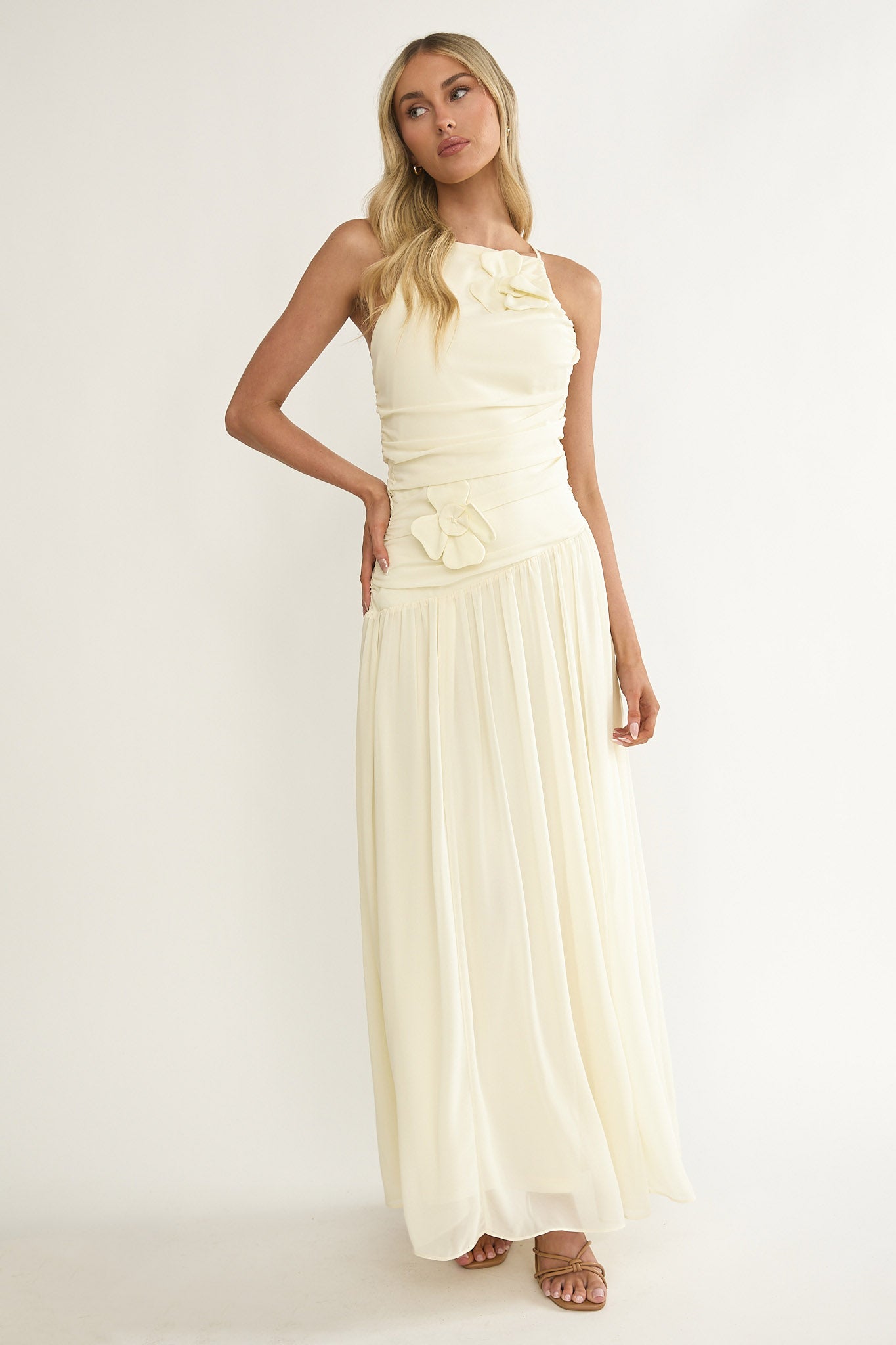 Brighten Drop Waist Flower Accent Maxi Dress Butter - XL Brighten Drop Waist Flower Accent Maxi Dress Butter - XL