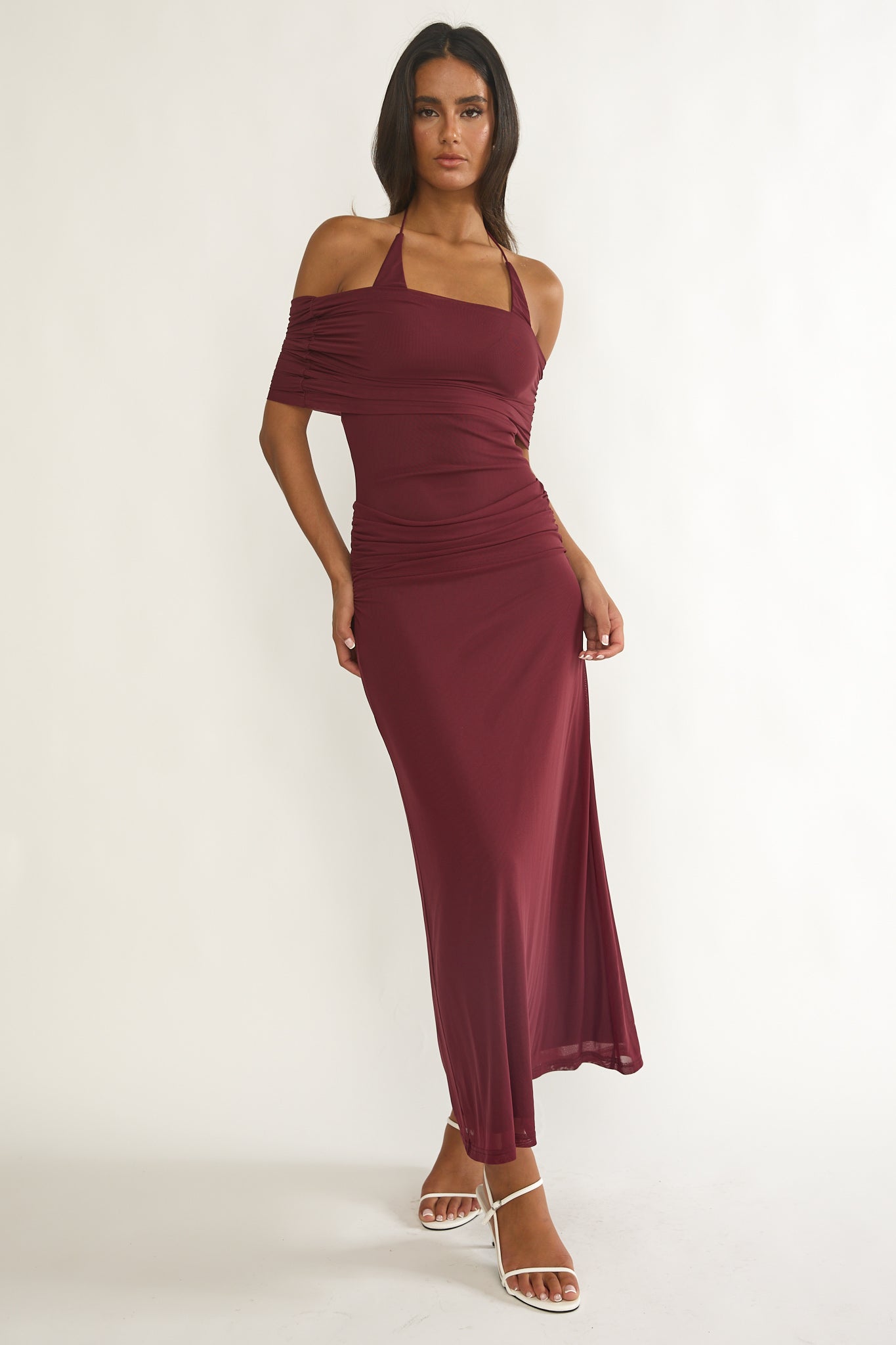 Carielle Off-Shoulder Halter Maxi Dress Wine - XS Carielle Off-Shoulder Halter Maxi Dress Wine - XS