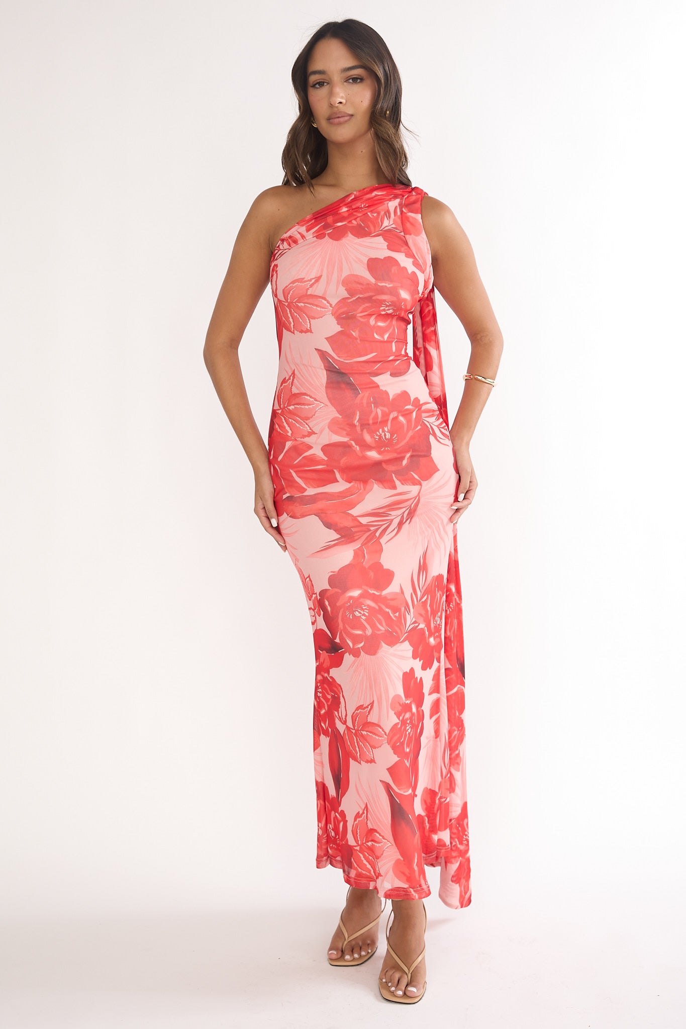 fitted lace wedding dress Ilyse Neck Scarf One-Shoulder Maxi Dress Floral Red