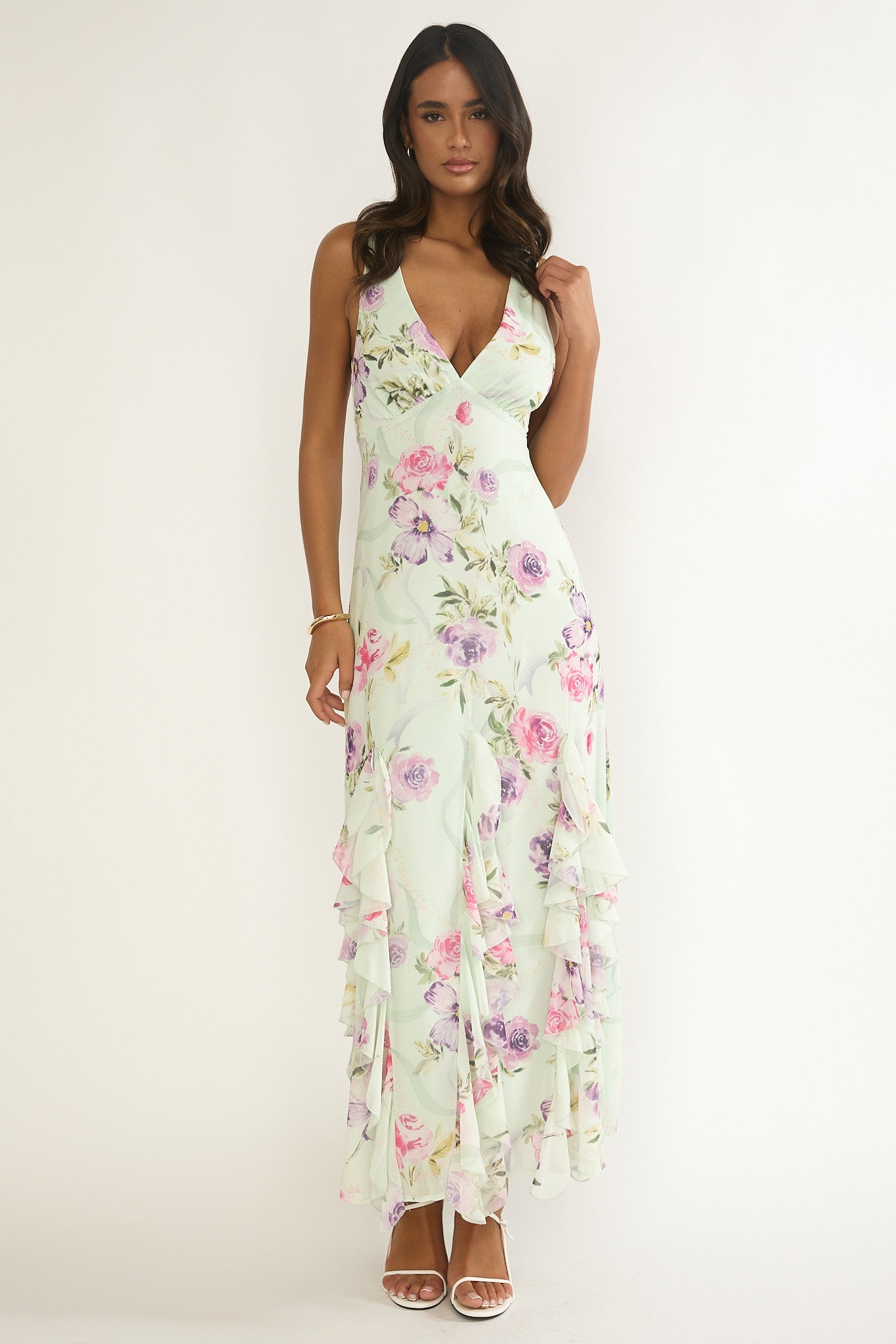 Elenya Strappy Back Ruffle Trim Maxi Dress Mint Floral | Selfie Leslie
