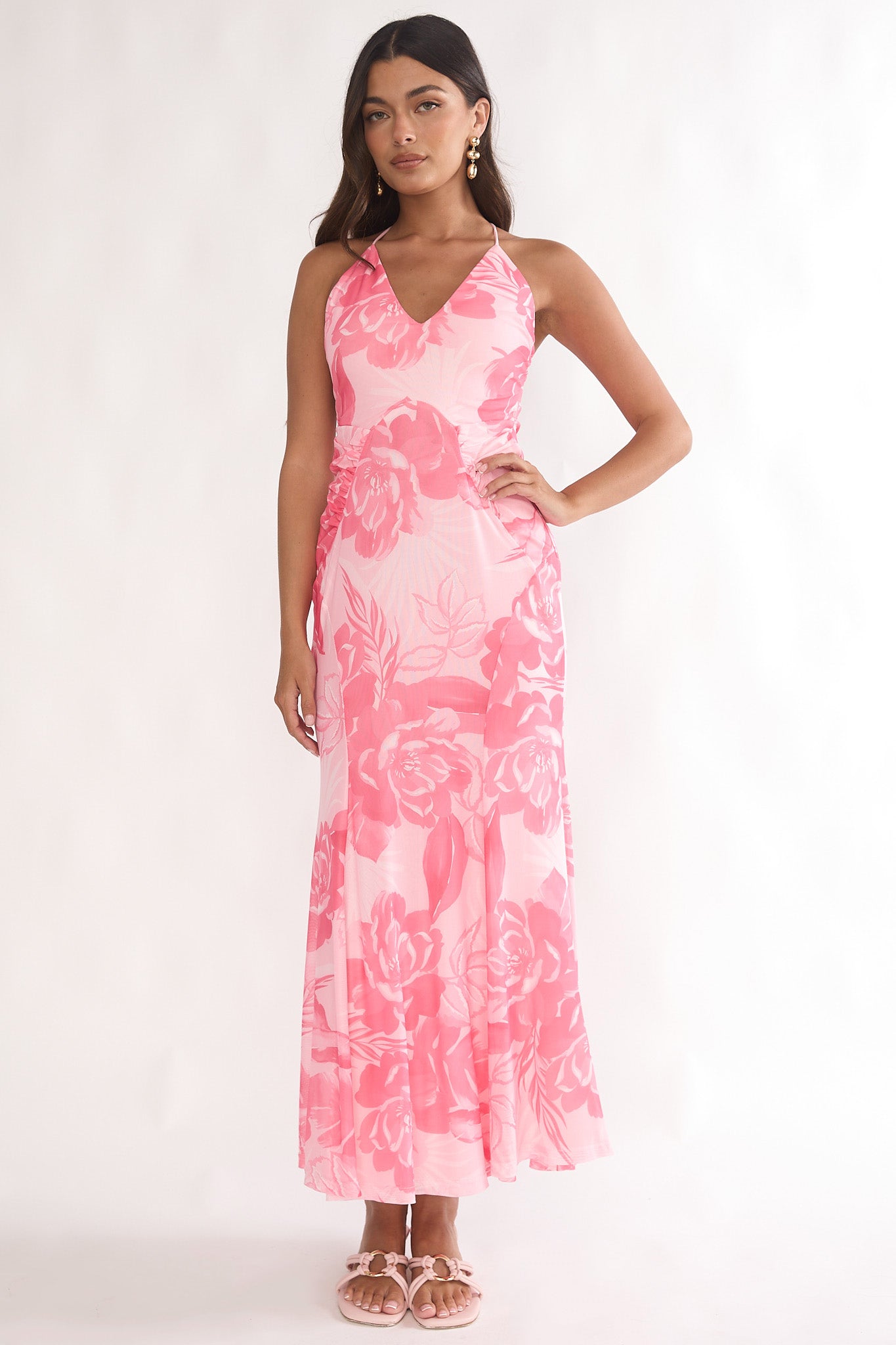 Meloria Low Back Maxi Dress Floral Pink Selfie Leslie Meloria Low Back Maxi Dress Floral Pink Selfie Leslie