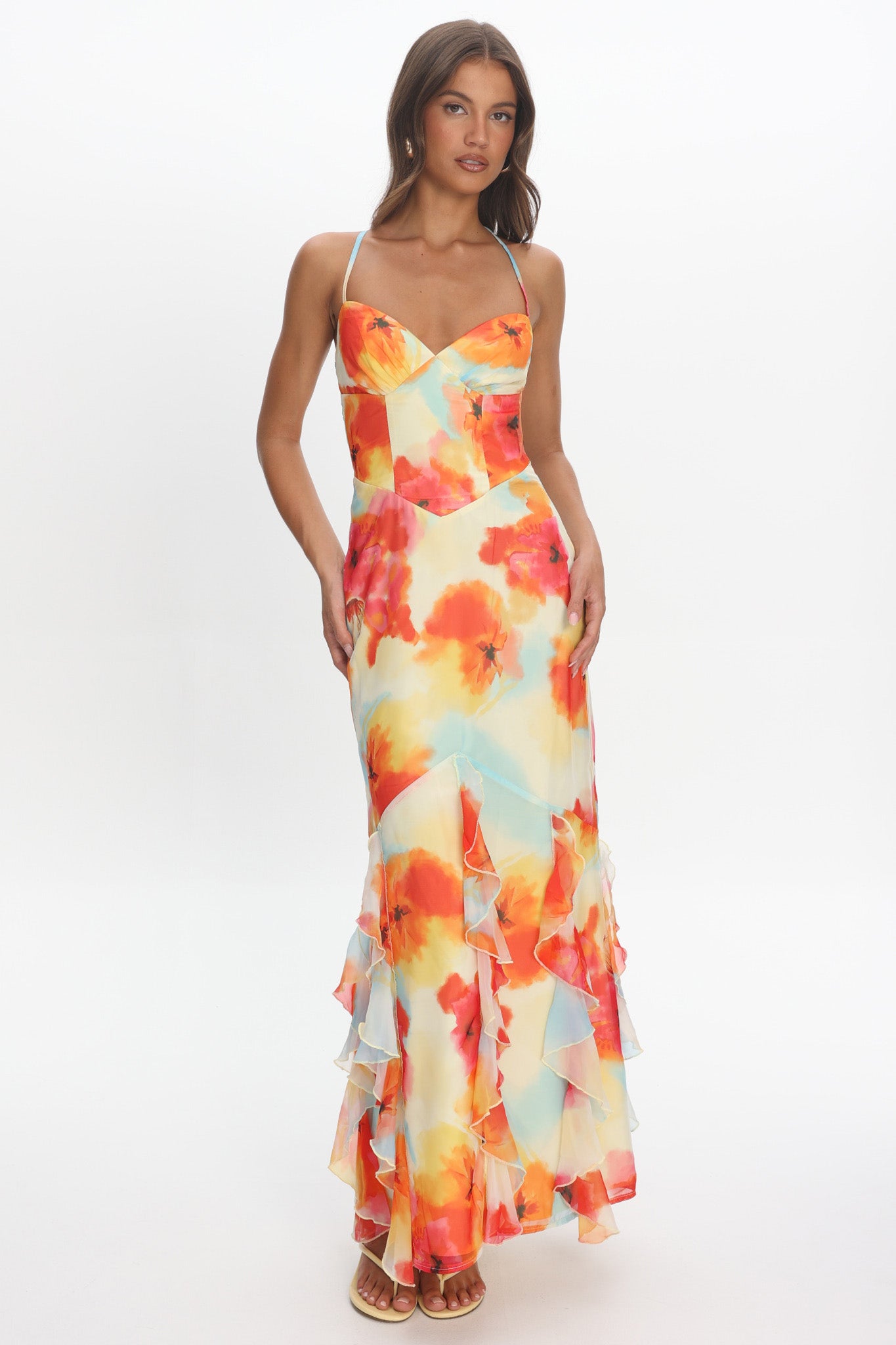 watercolour maxi dress LIGHT BLUE FLOWER SCARF DRAPE LONG MARQUES ' ALMEIDA Watercolour Floral Shirt Maxi Dress(MS414)