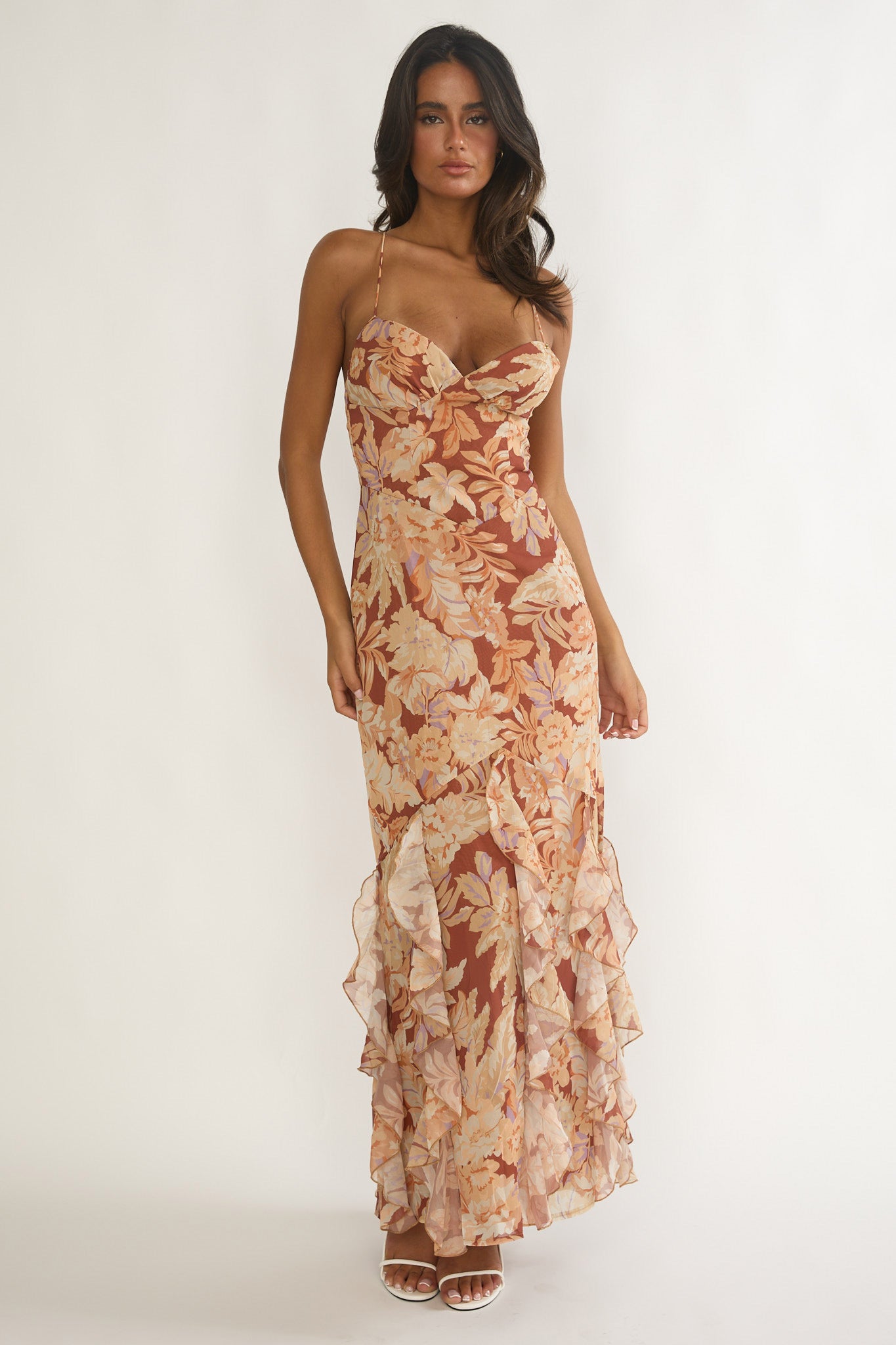 knee length dresses for ladies Charlisa Strappy Back Ruffle Maxi Dress Floral Yellow