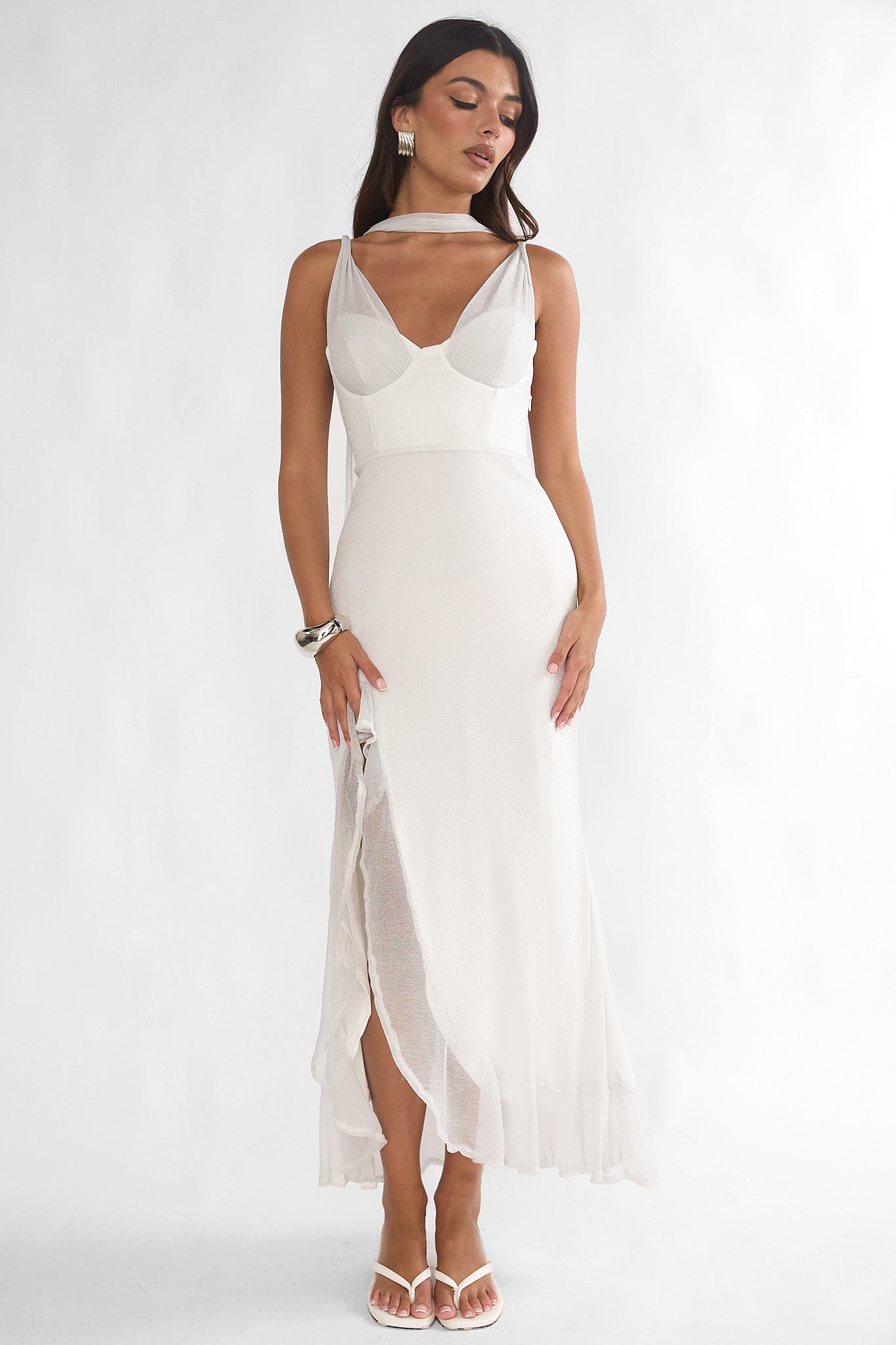 Chantrelle Twist Back Split Maxi Dress Silver Selfie Leslie Chantrelle Twist Back Split Maxi Dress Silver Selfie Leslie