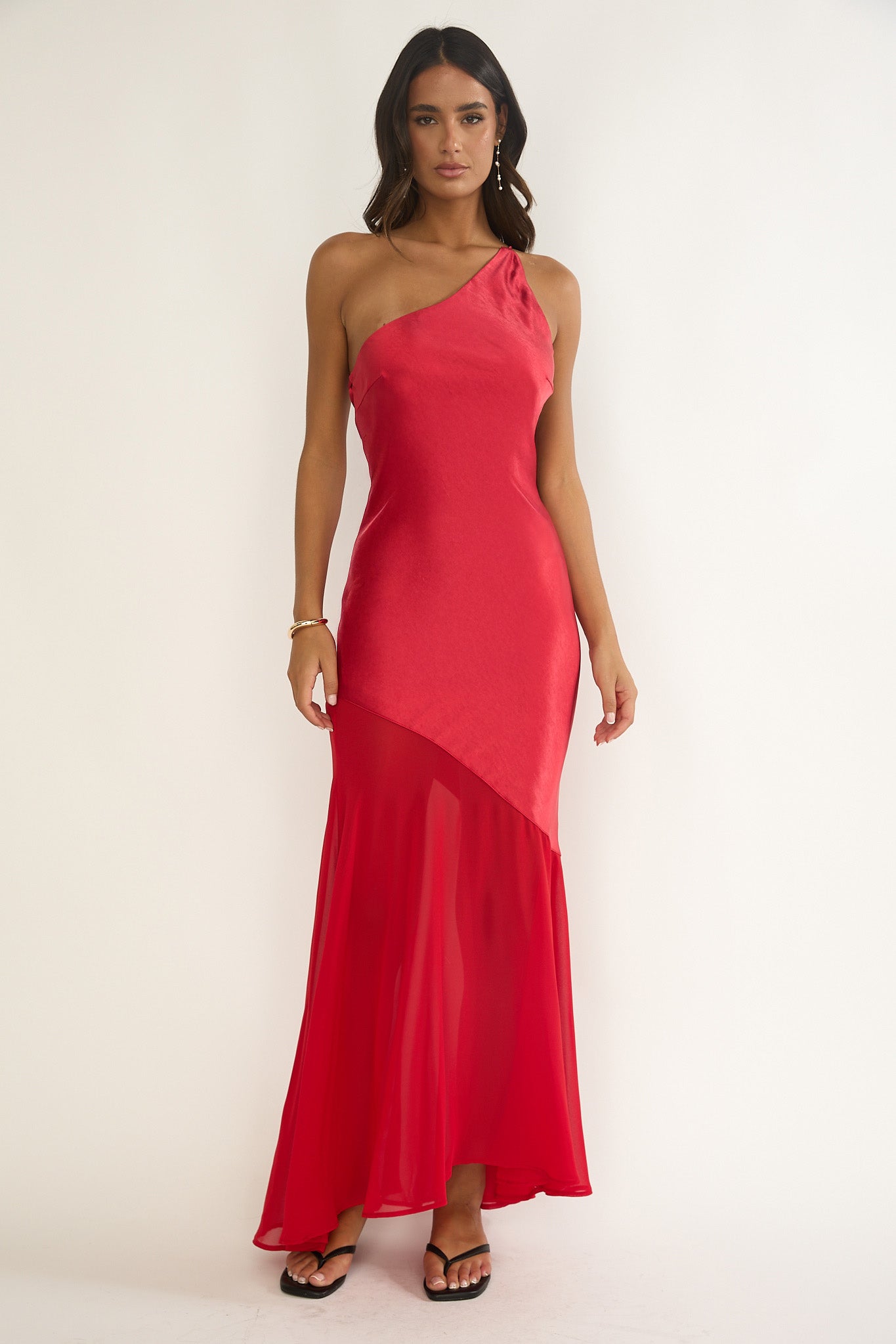 Mireya One-Shoulder Sheer Hem Maxi Dress Red Selfie Leslie Mireya One-Shoulder Sheer Hem Maxi Dress Red Selfie Leslie
