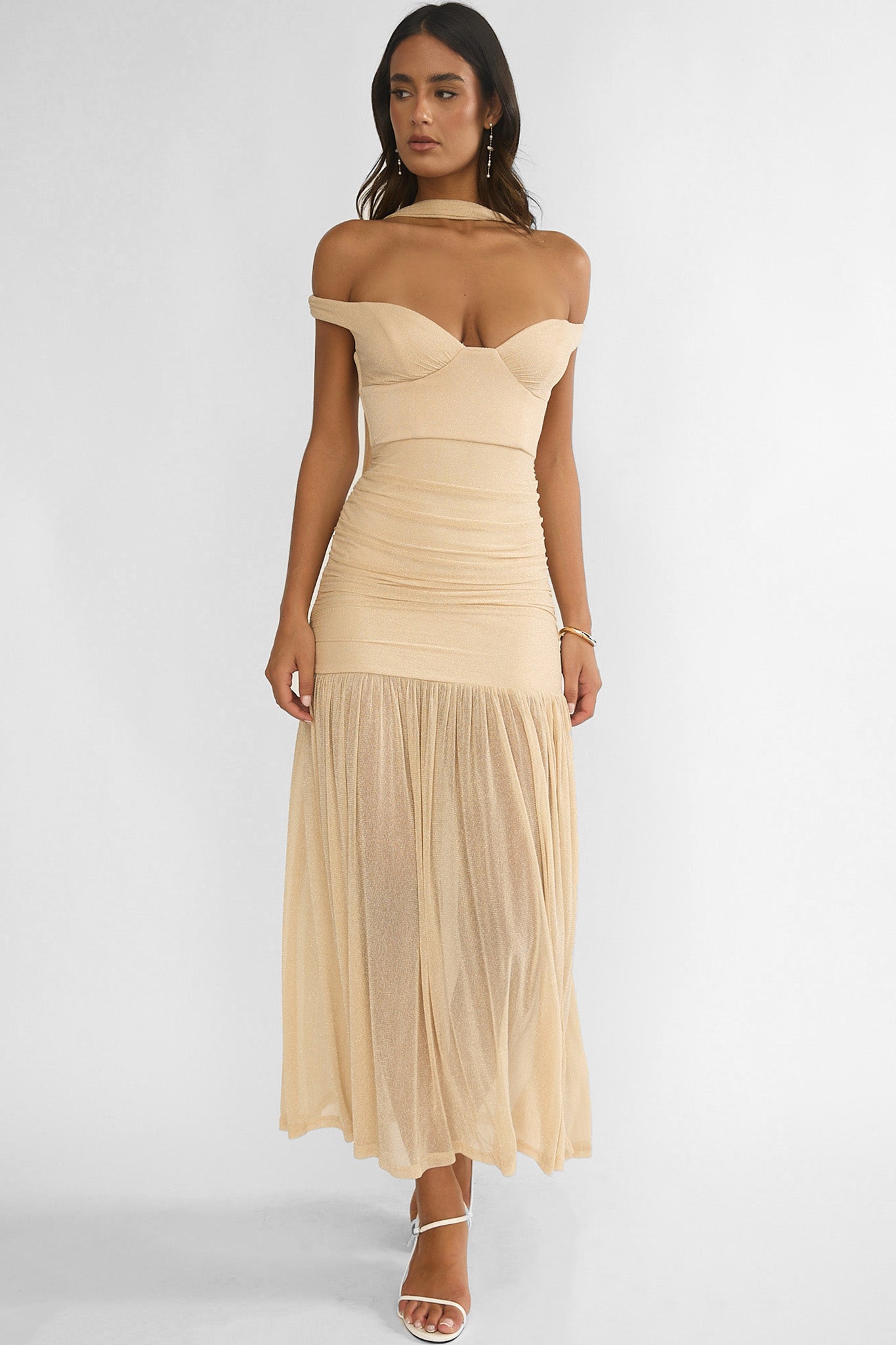 knee length dresses for ladies Delora Off-Shoulder Scarf Maxi Dress Beige