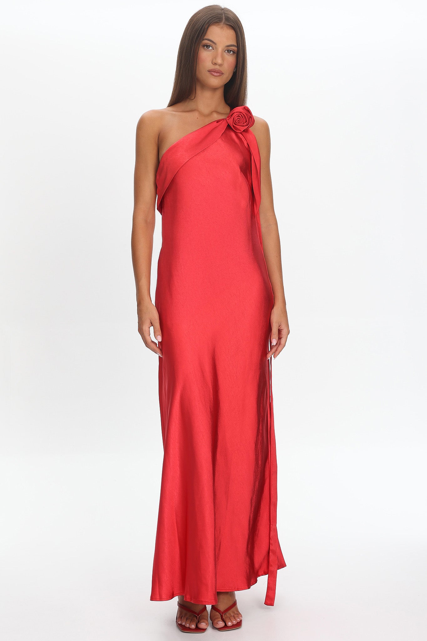 strapless open back dress Star Fall One-Shoulder Rosette Maxi Dress Red– Selfie Leslie