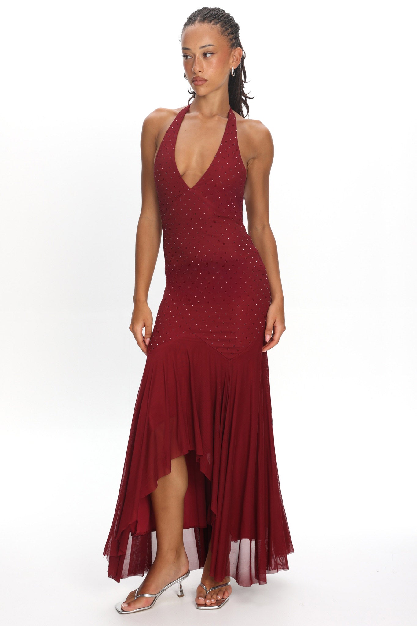 Endira Halter Sheer Hem Midi Dress Burgundy Selfie Leslie Endira Halter Sheer Hem Midi Dress Burgundy Selfie Leslie