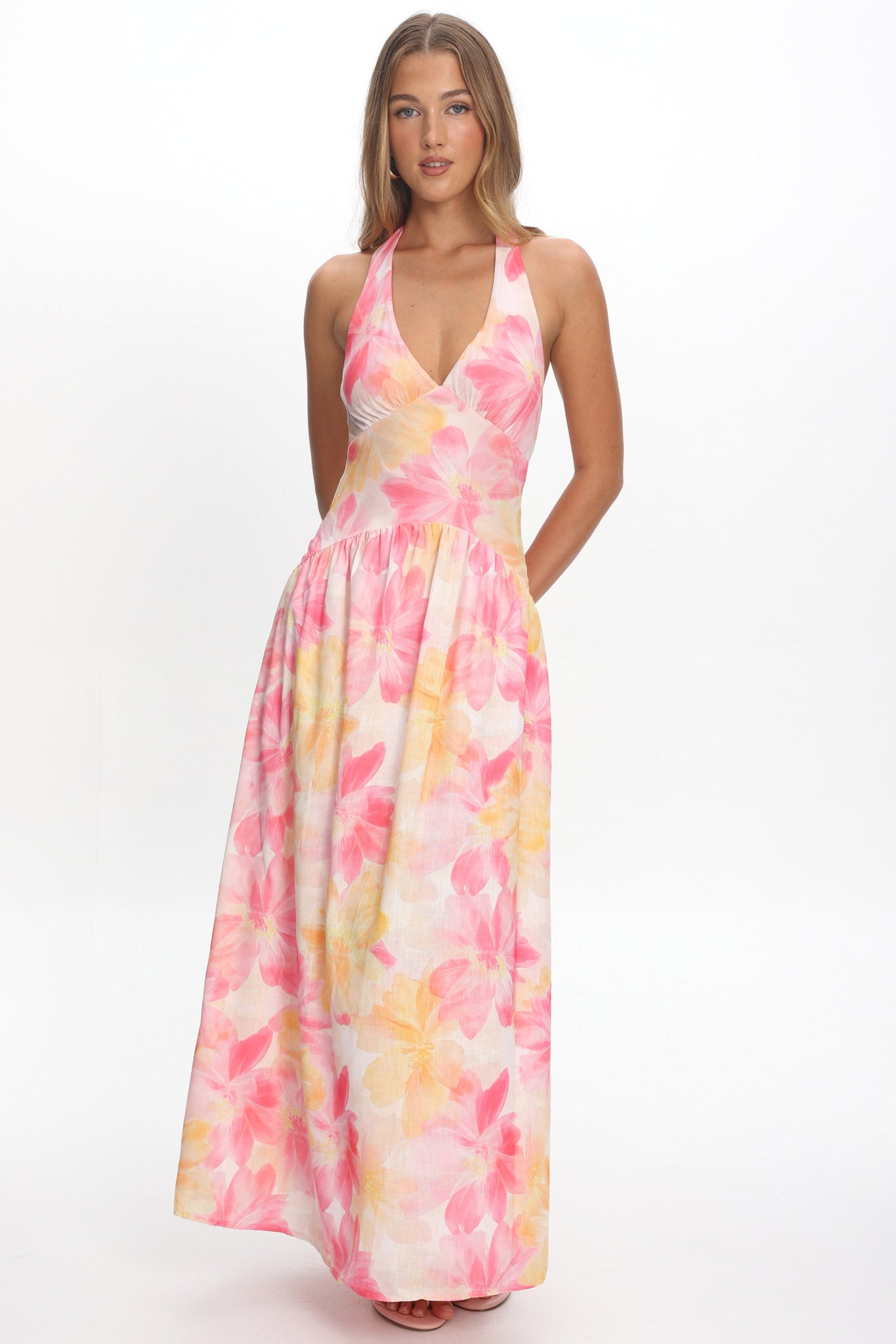 Endira Drop Waist Maxi Dress Floral Pink Selfie Leslie Endira Drop Waist Maxi Dress Floral Pink Selfie Leslie