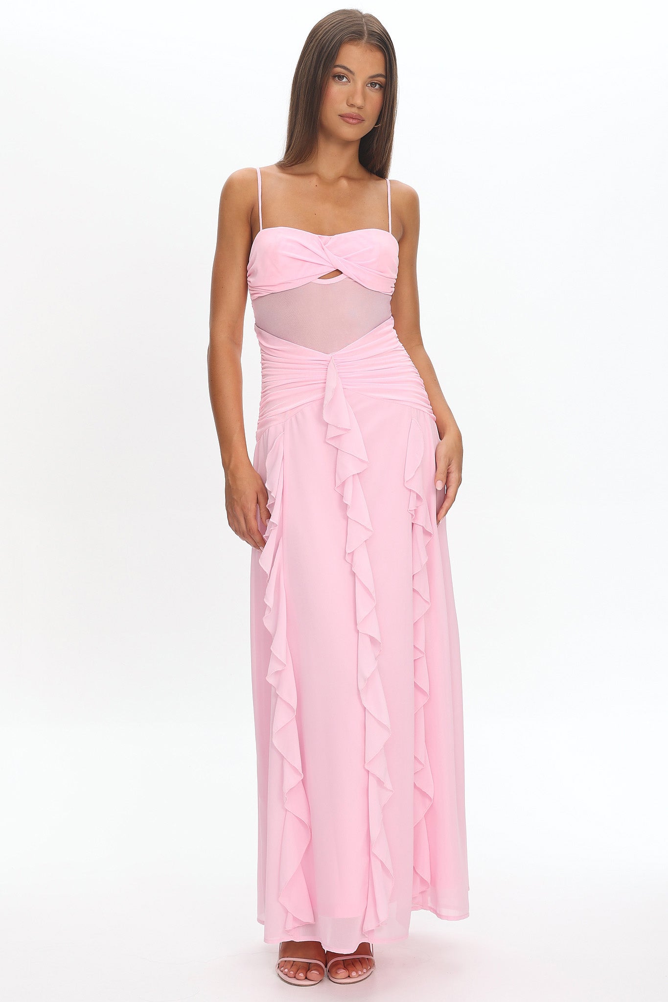 Janella Twist Bust Ruffle Maxi Dress Pink | Selfie Leslie