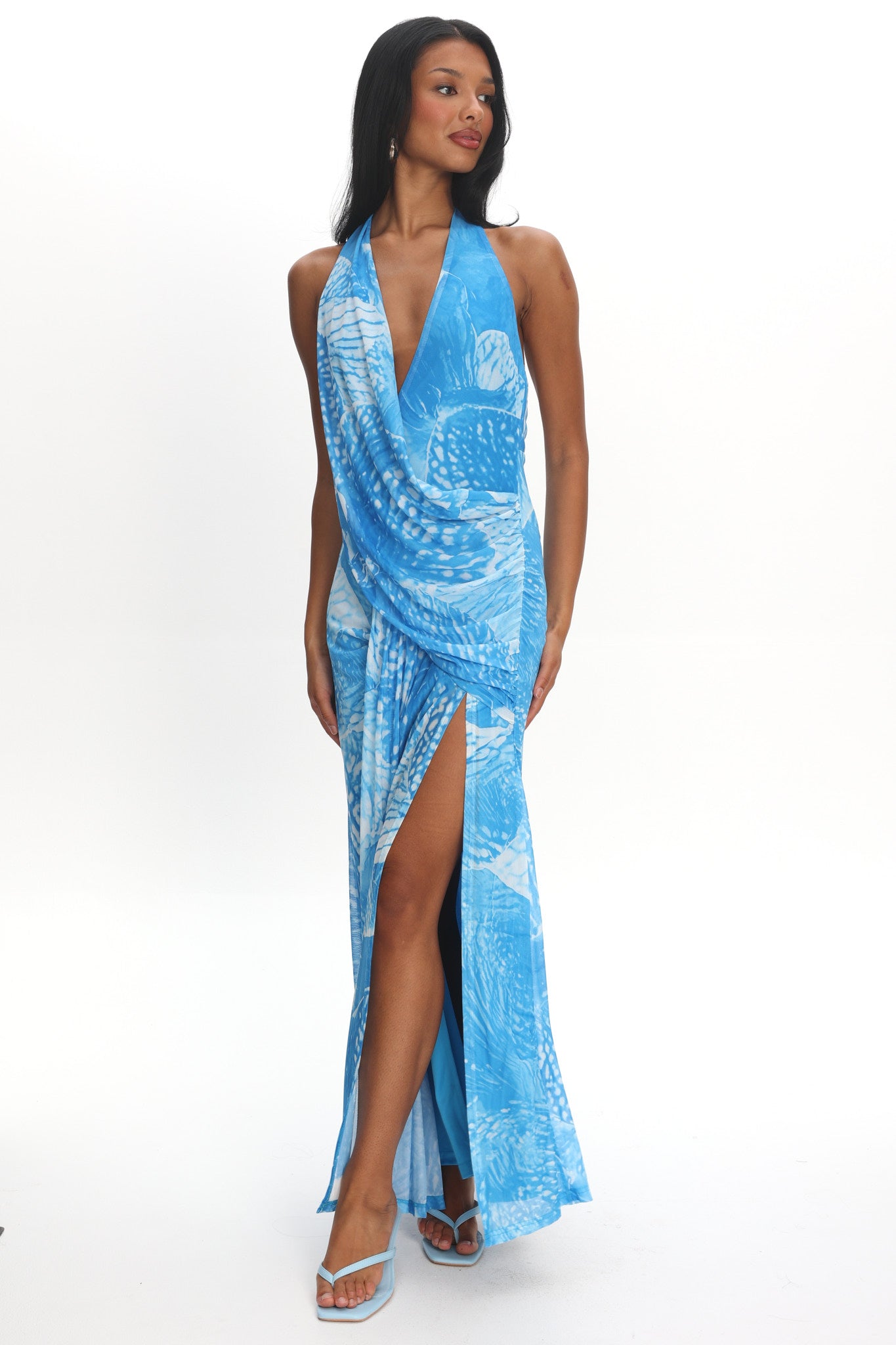 Palomino Plunging Halter Maxi Dress Print Blue - XS Palomino Plunging Halter Maxi Dress Print Blue - XS