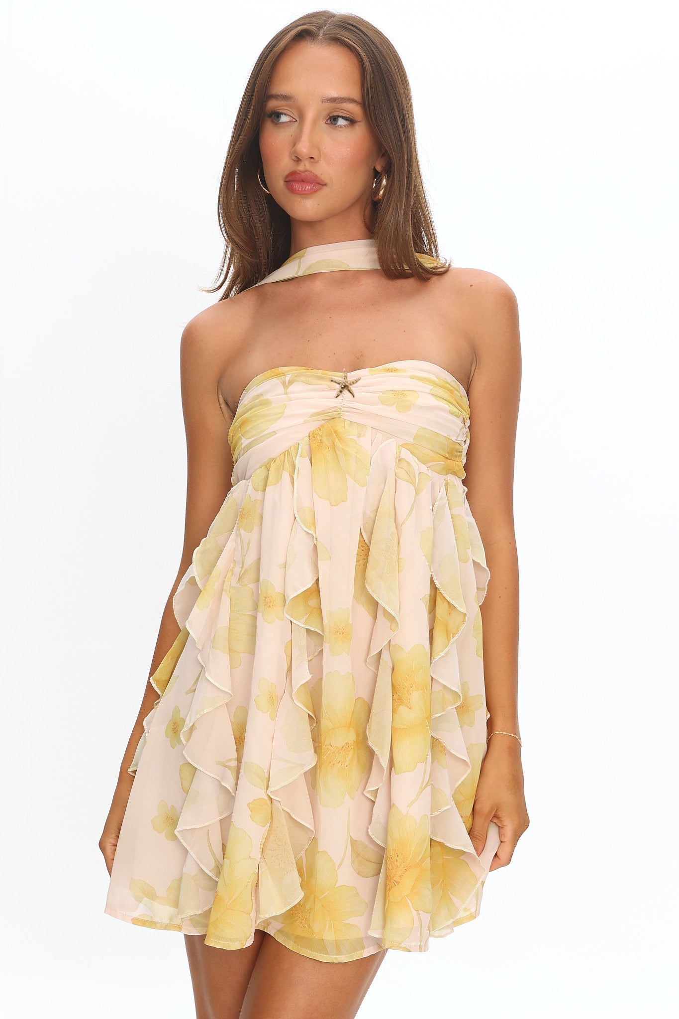 Spirit Reverse Halter Ruffle Mini Dress Floral Butter - S Spirit Reverse Halter Ruffle Mini Dress Floral Butter - S